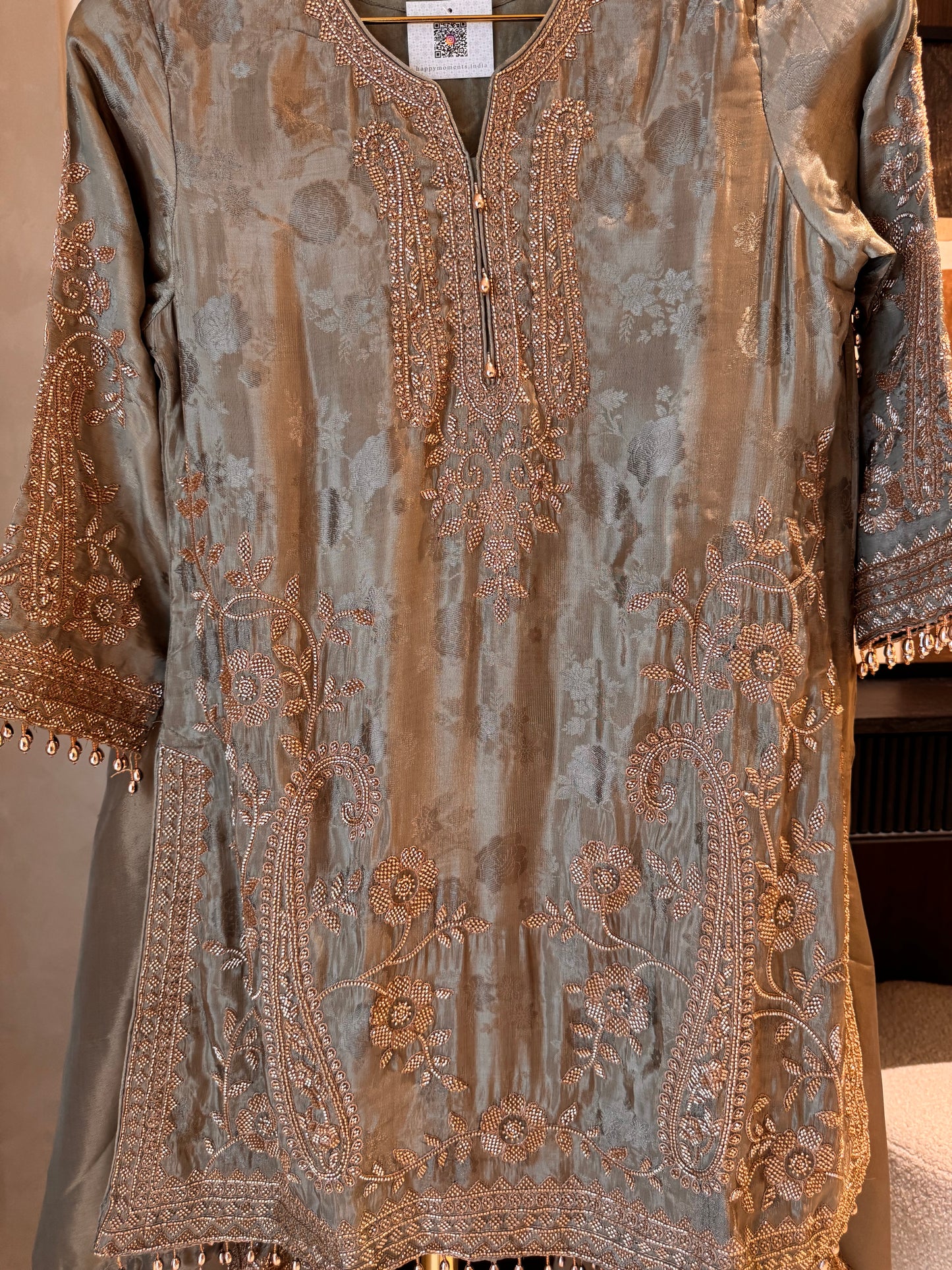 Silk Self-Embossed Readymade Suit Set with Bead Work & Organza Dupatta