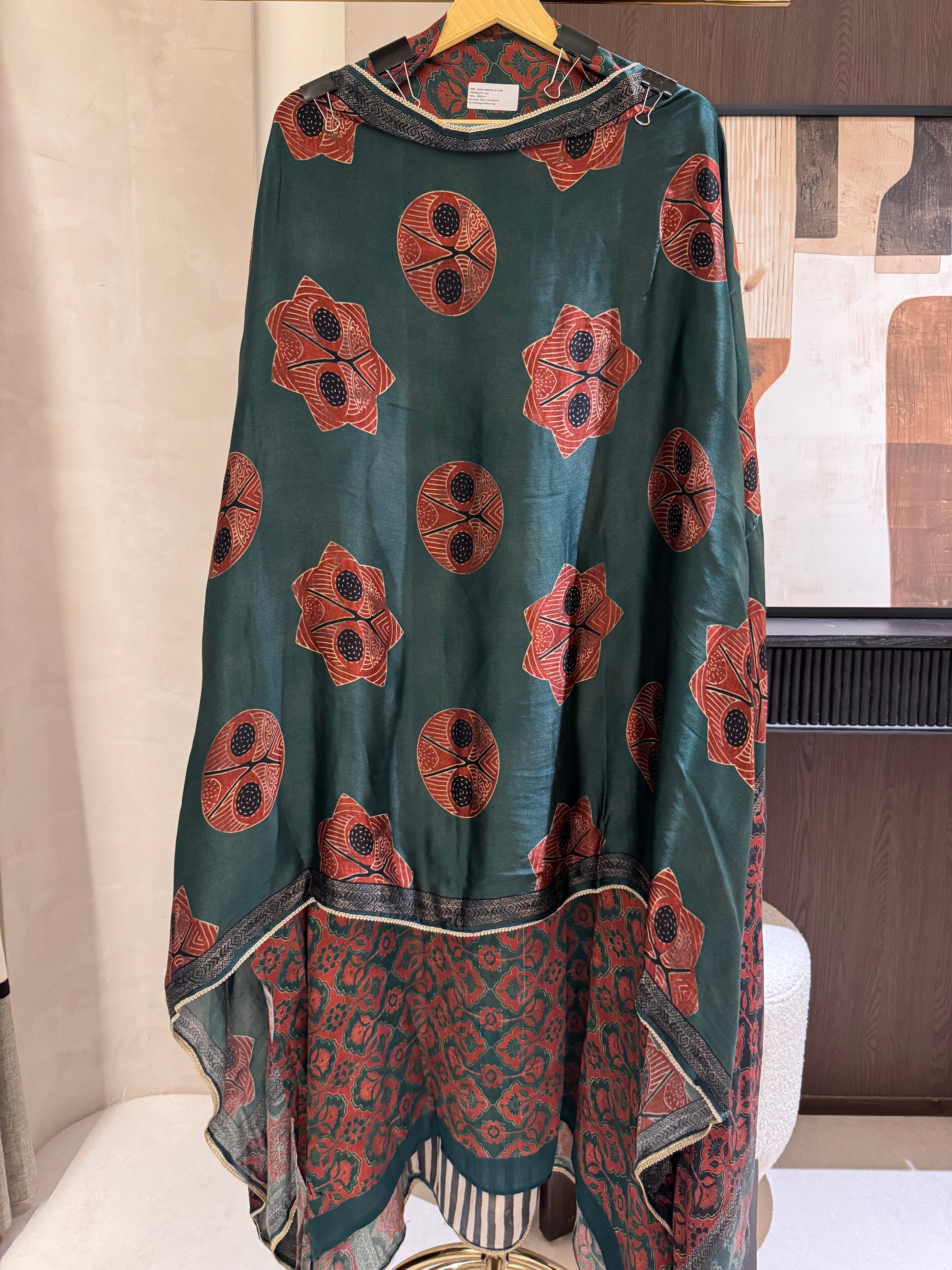 The Ajrakh Muse — Gaji Silk Digital Print Suit with Mirror Work-forest green-dupatta