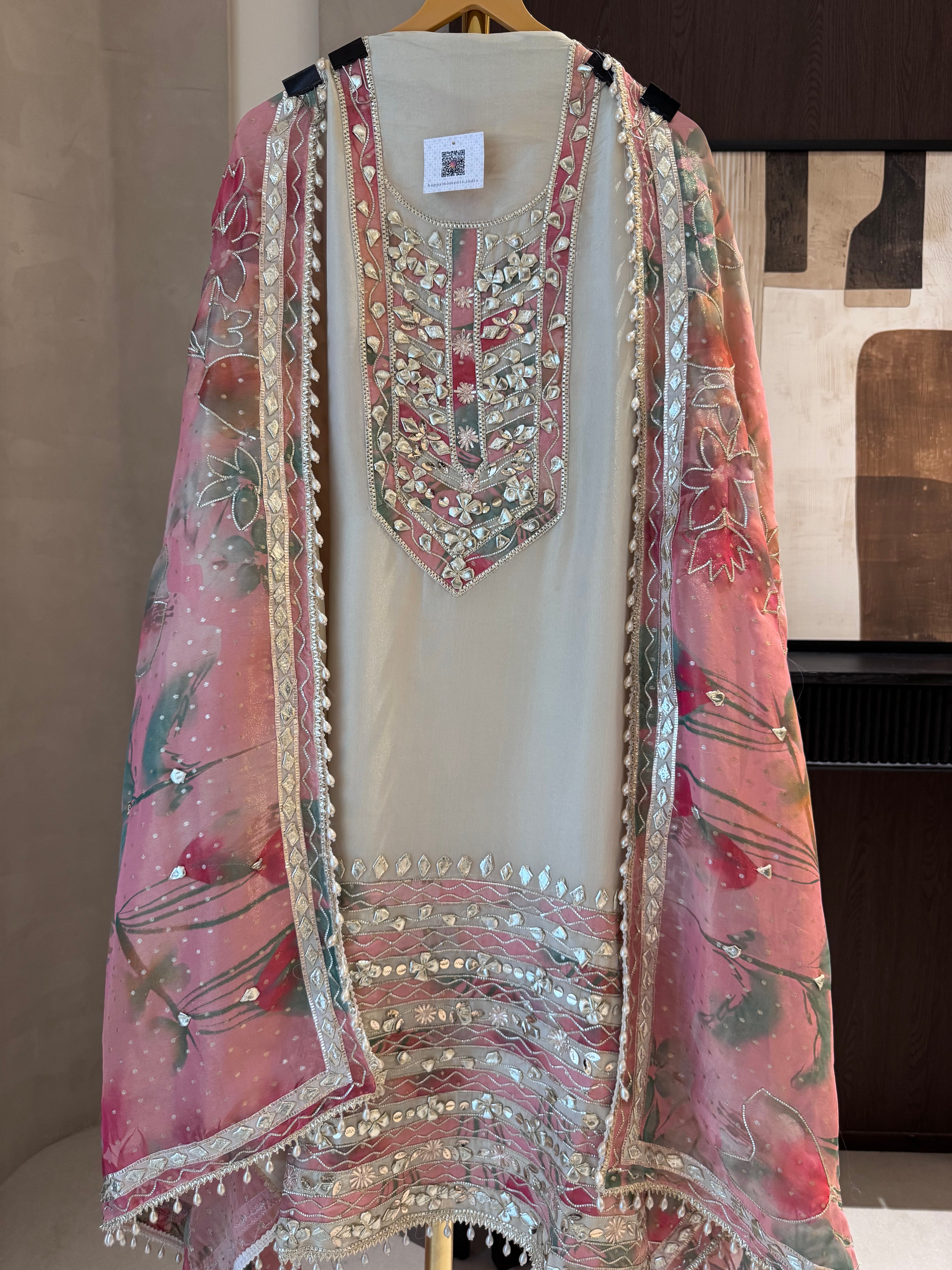 The Chandni Bloom — Shimmer Silk Suit with Gota Work-blush pink – front