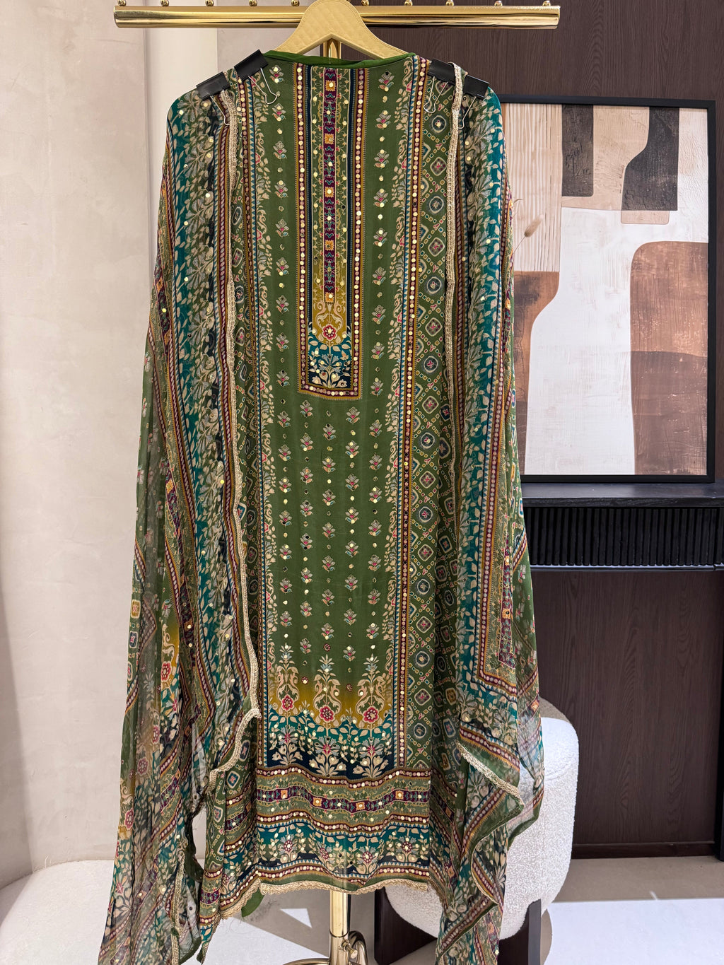The Hailey Bloom — Chinnon Digital Print Suit with Mirror Work-charcoal black-close up