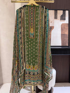 The Hailey Bloom — Chinnon Digital Print Suit with Mirror Work-charcoal black-close up