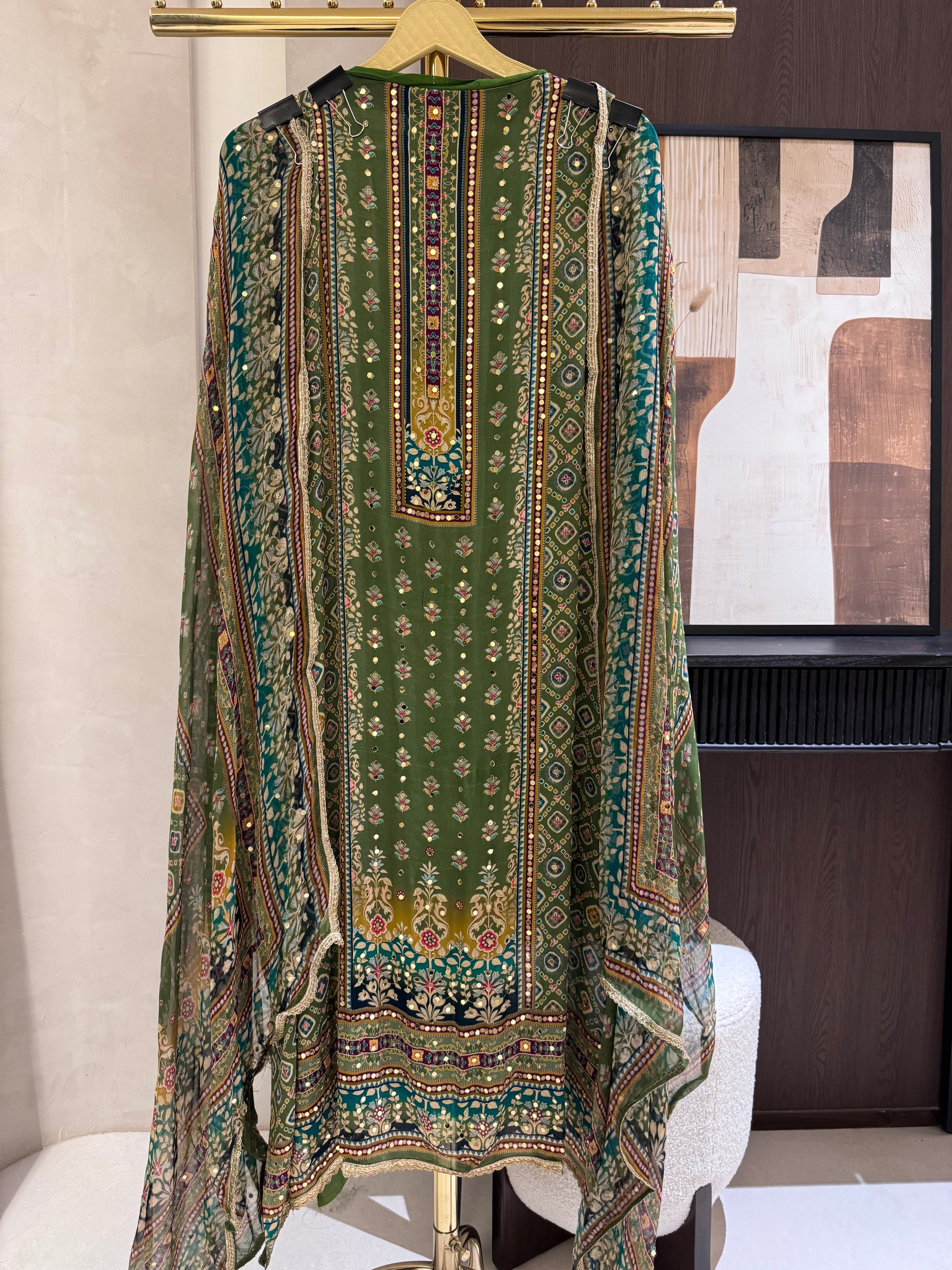 The Hailey Bloom — Chinnon Digital Print Suit with Mirror Work-charcoal black-close up