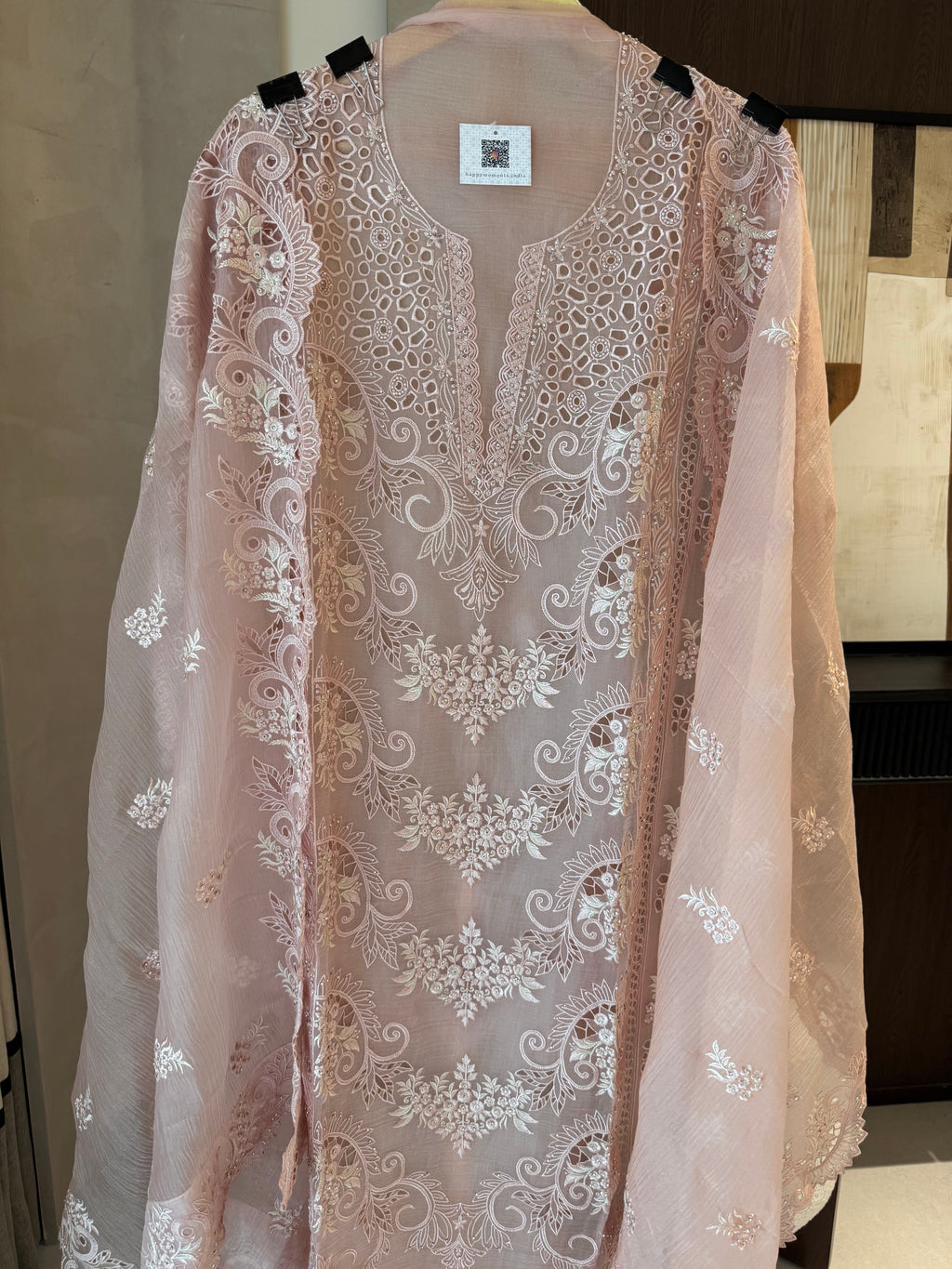 The Ivy Muse — Marble Chiffon Suit with Cutwork & Swarovski-pink-close up