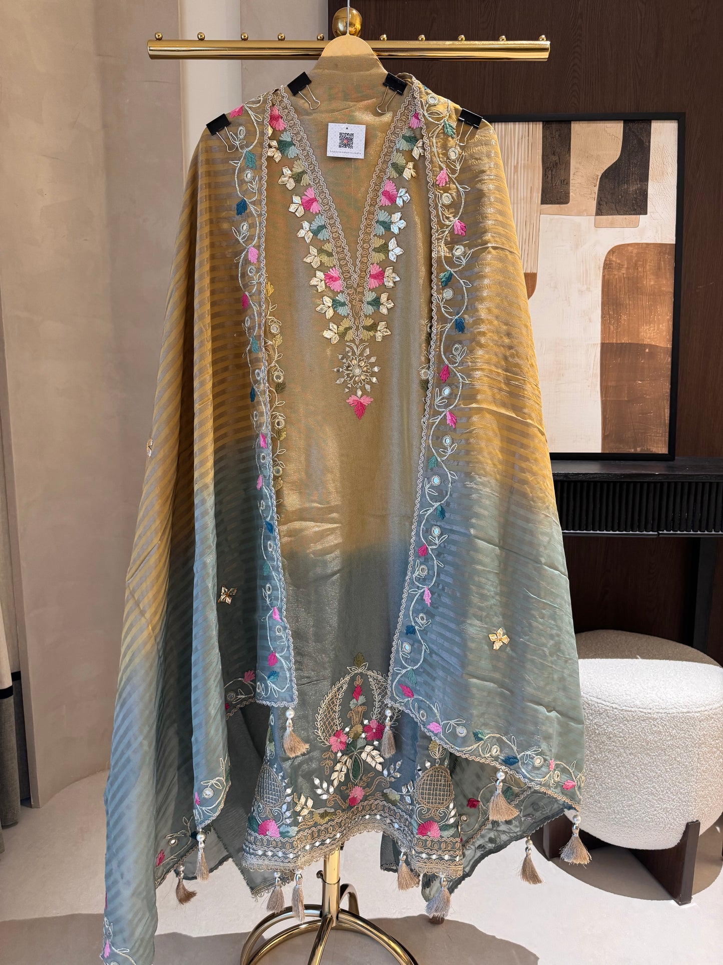 Shimmer Tissue Unstitched Suit Set with Mirror, Gota & Wool Work