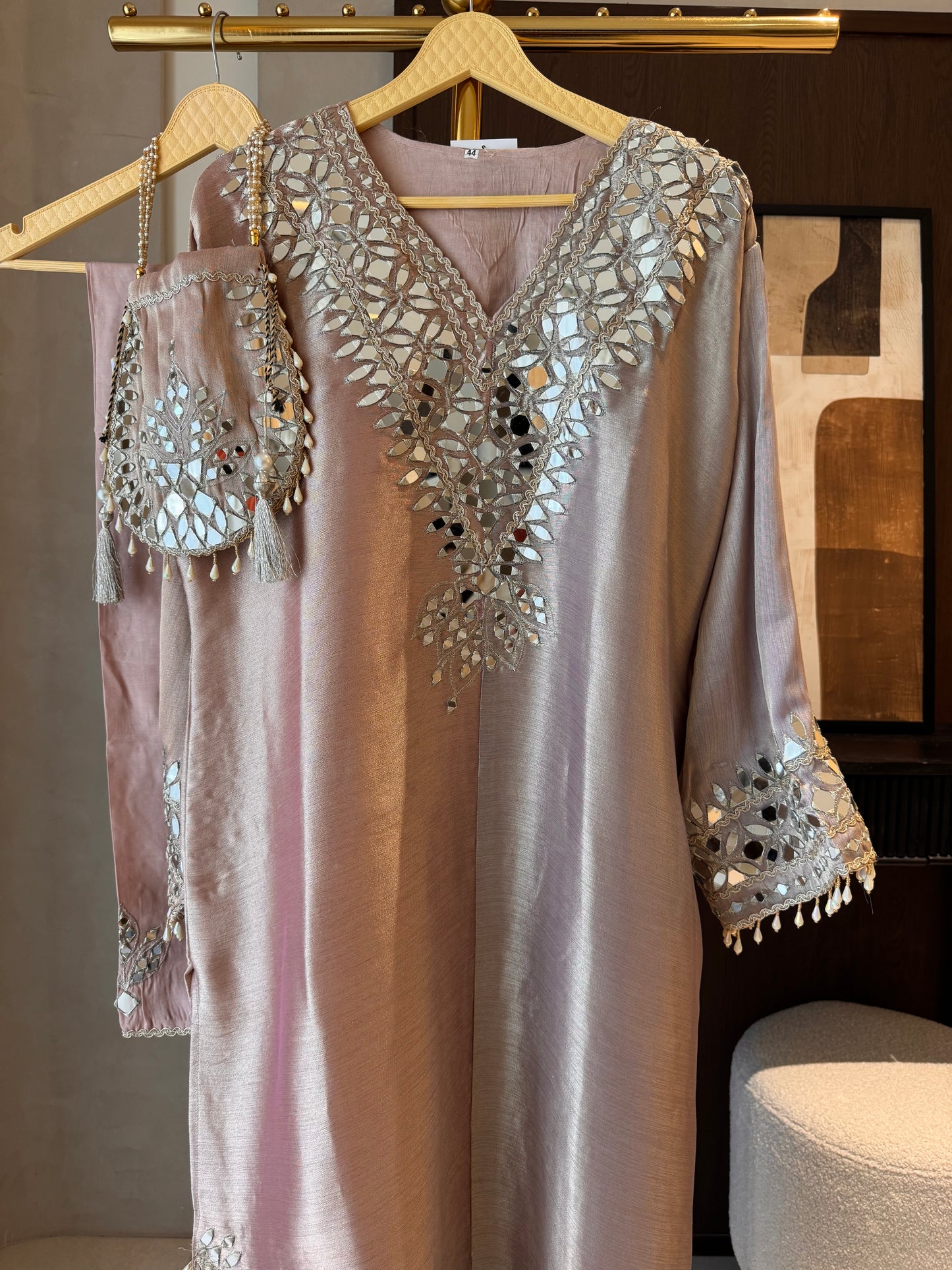 Giraffe Silk Readymade Long Top Set with Mirror Work & Potli