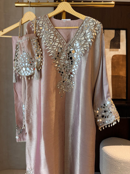 Giraffe Silk Readymade Long Top Set with Mirror Work & Potli