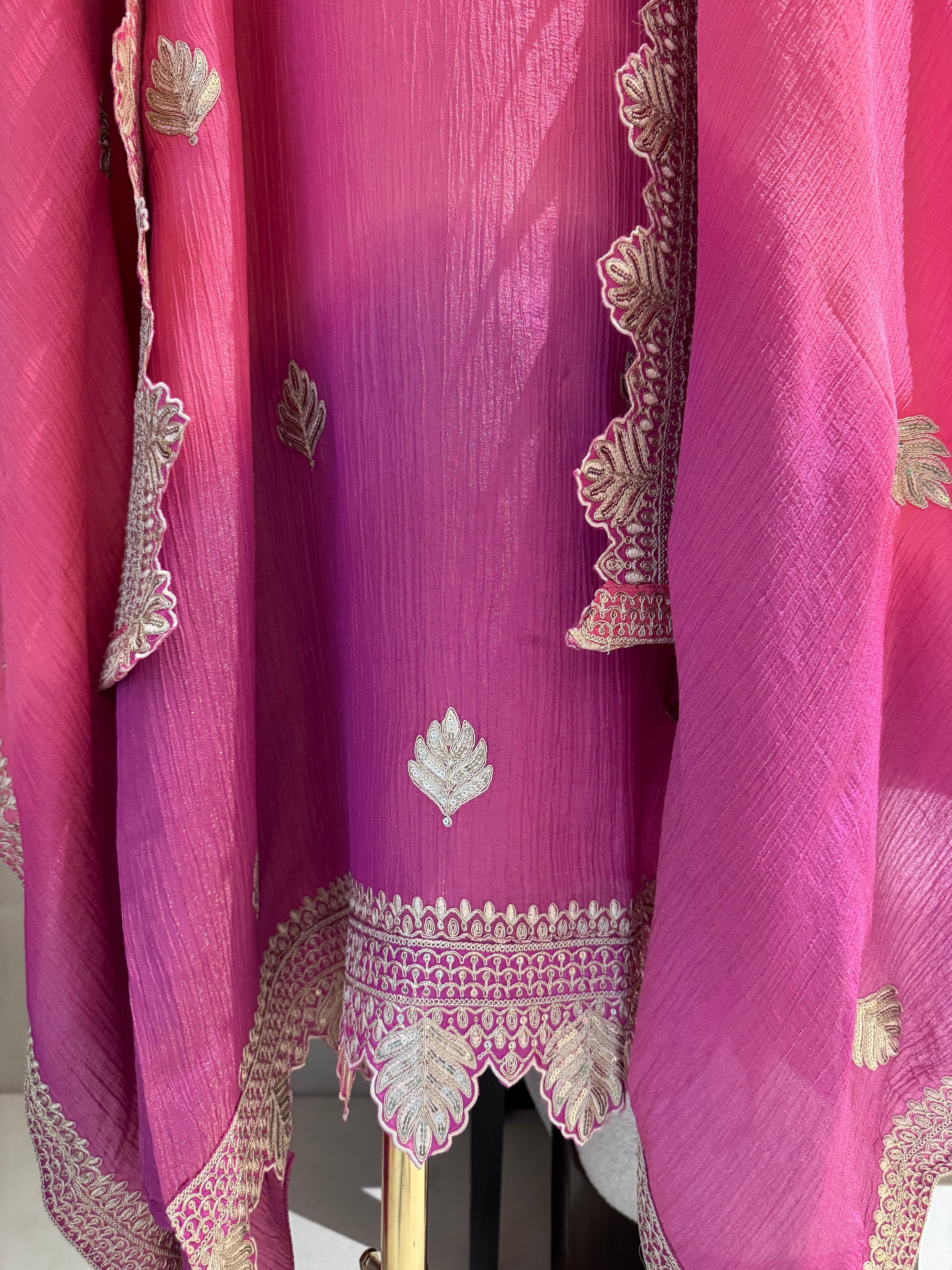 The Leaf Filigree — Crush Shimmer Suit with Cutwork Potli-pink purple ombre-detail