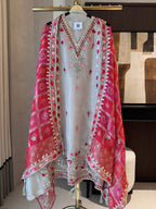The Rang Aura — Shimmer Silk Suit with Bandhani Banarasi Dupatta-green-front