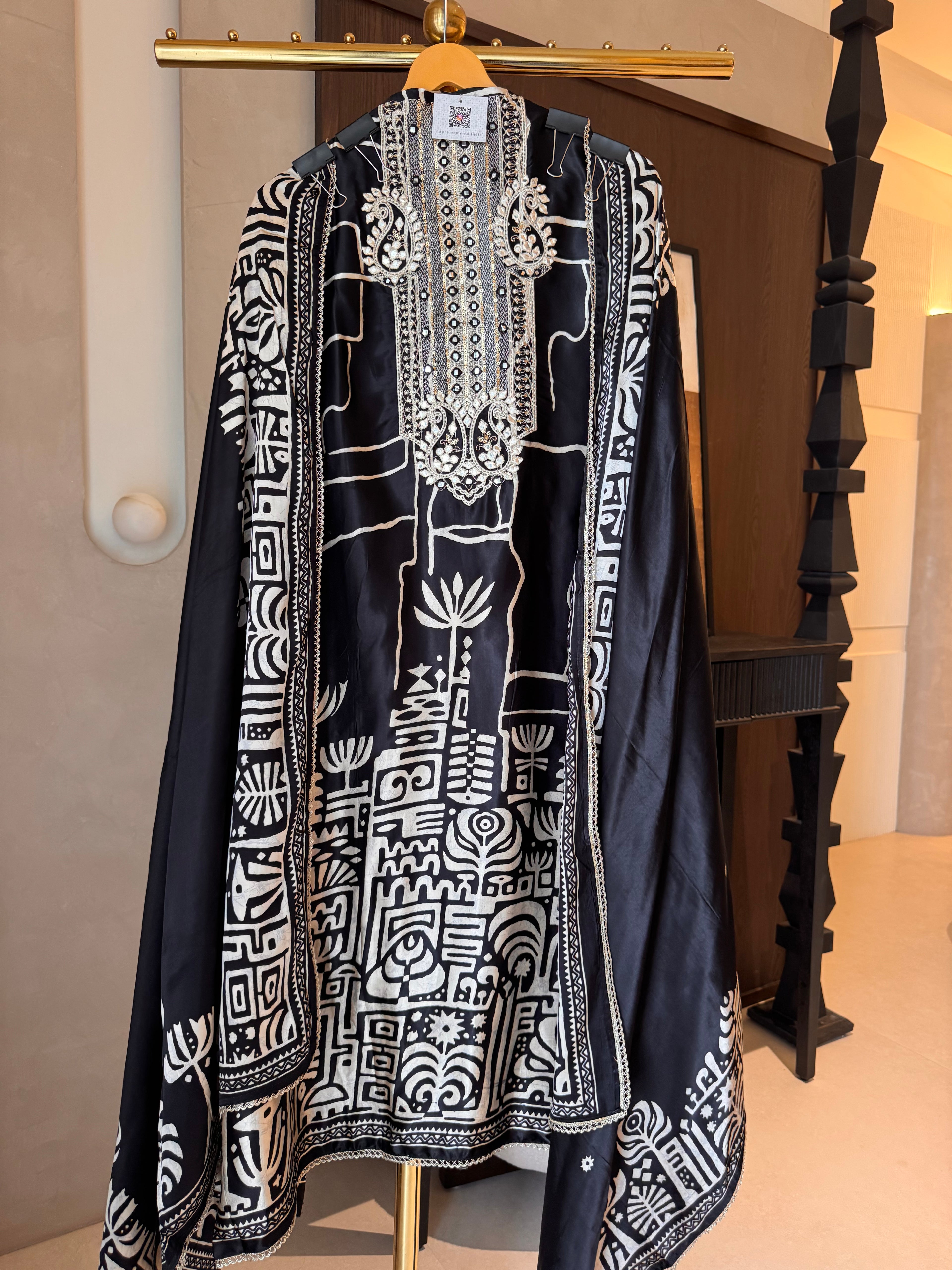 The Tribal Tapestry — Gaji Silk Suit with Abhla Work-black front