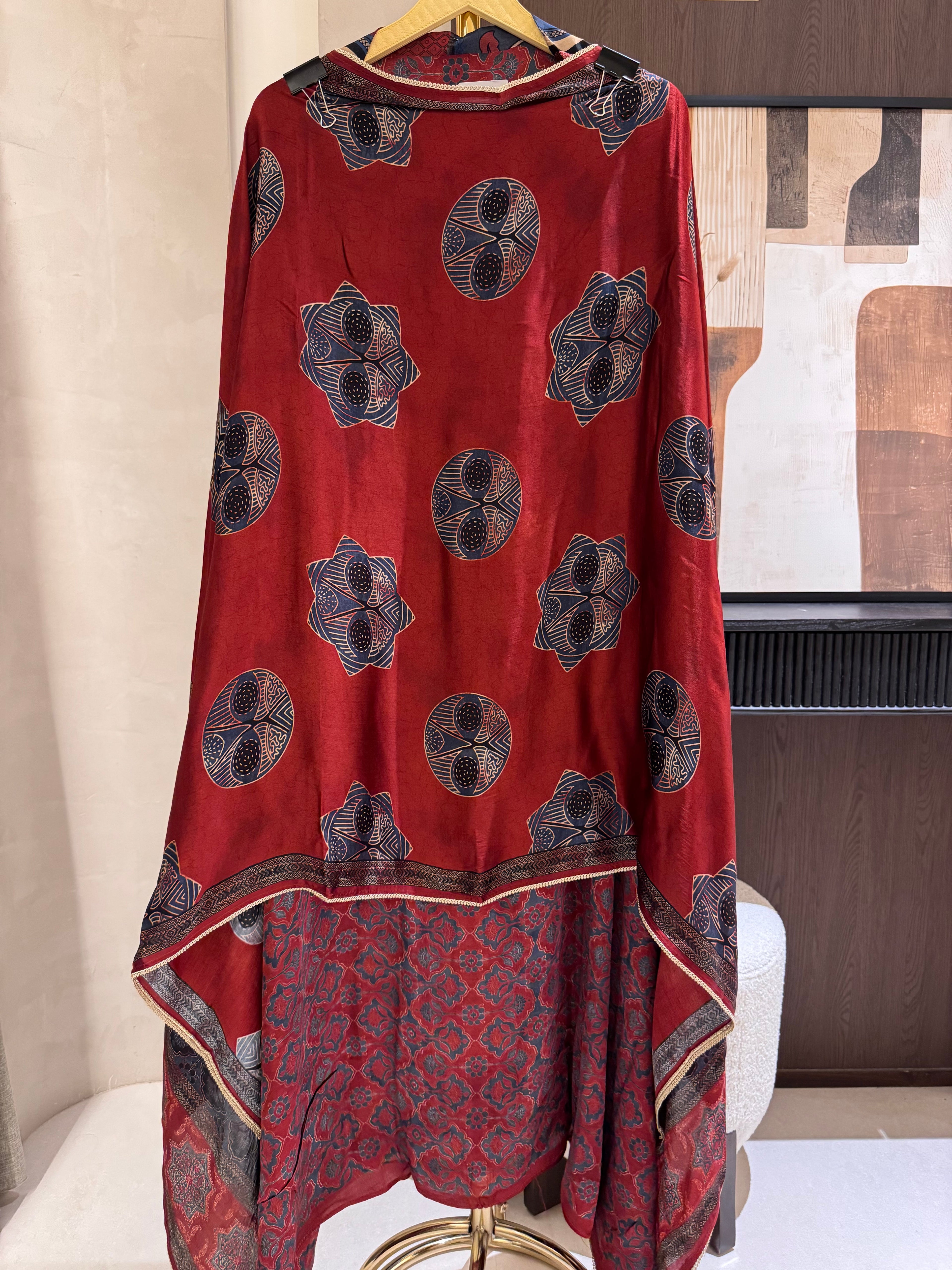 The Ajrakh Muse — Gaji Silk Digital Print Suit with Mirror Work-rust red-close up