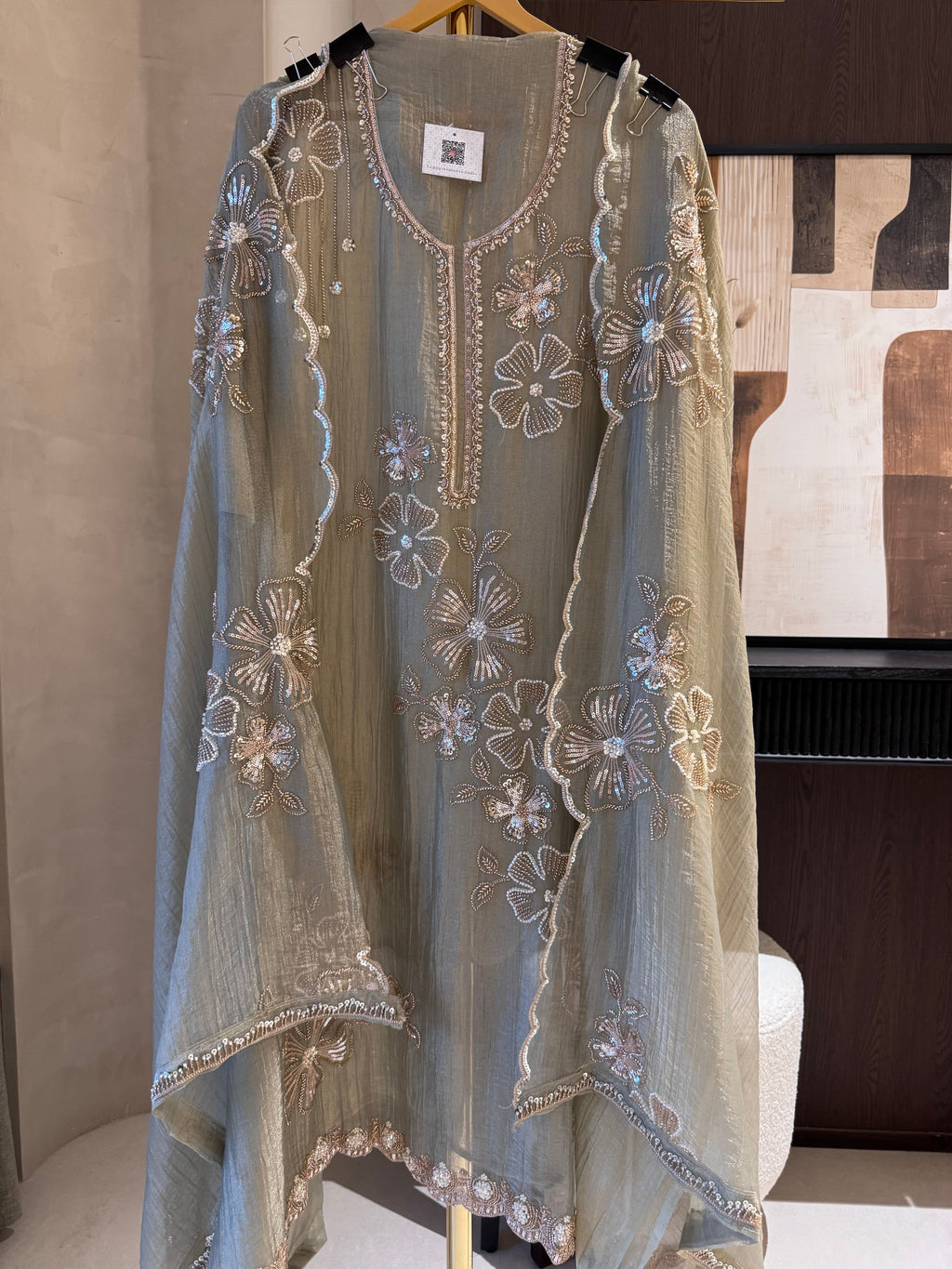 The Twilight Bling — Crush Shimmer Suit with Bead Work Scallops-sage green-front