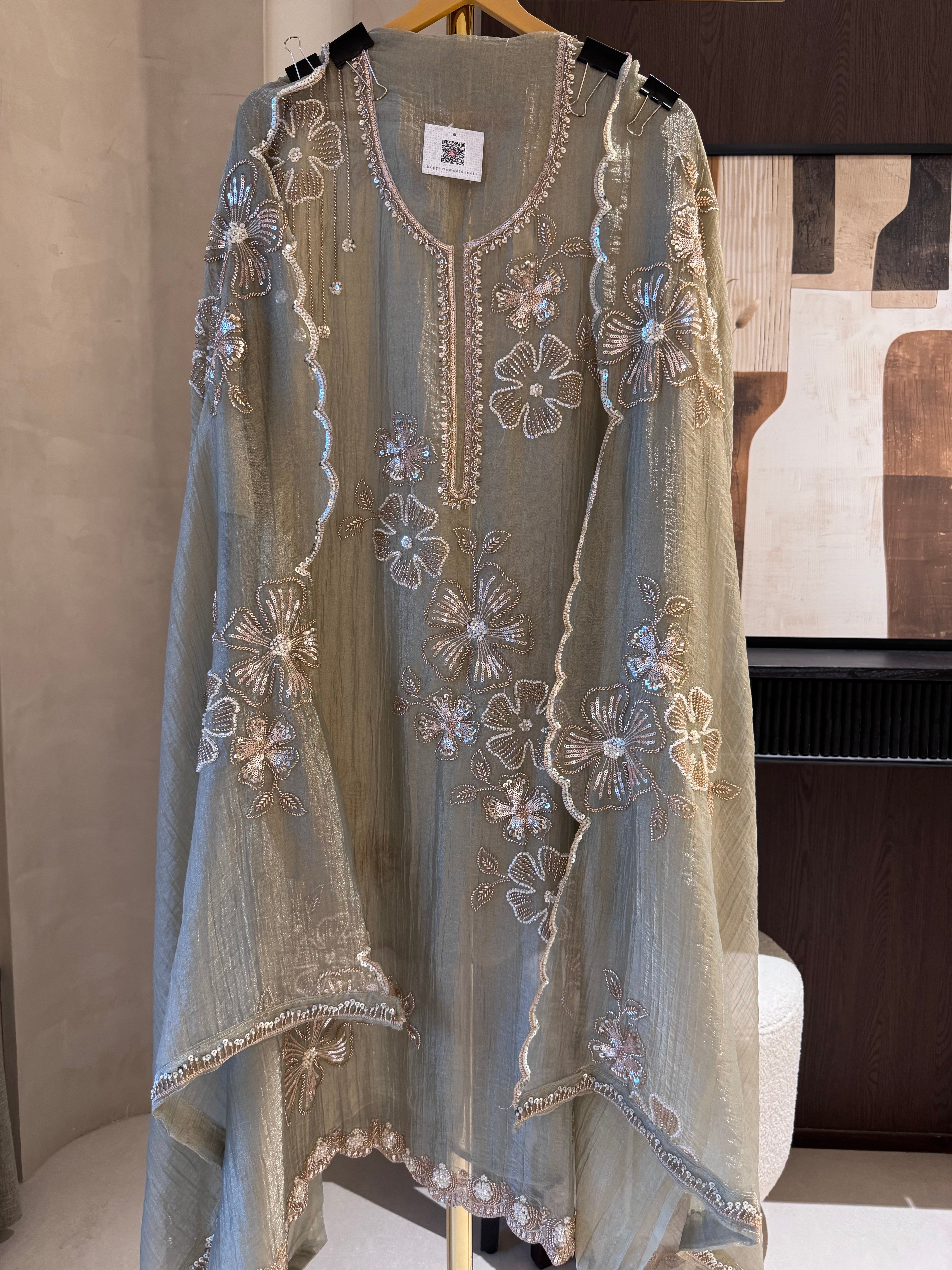 The Twilight Bling — Crush Shimmer Suit with Bead Work Scallops-sage green-front