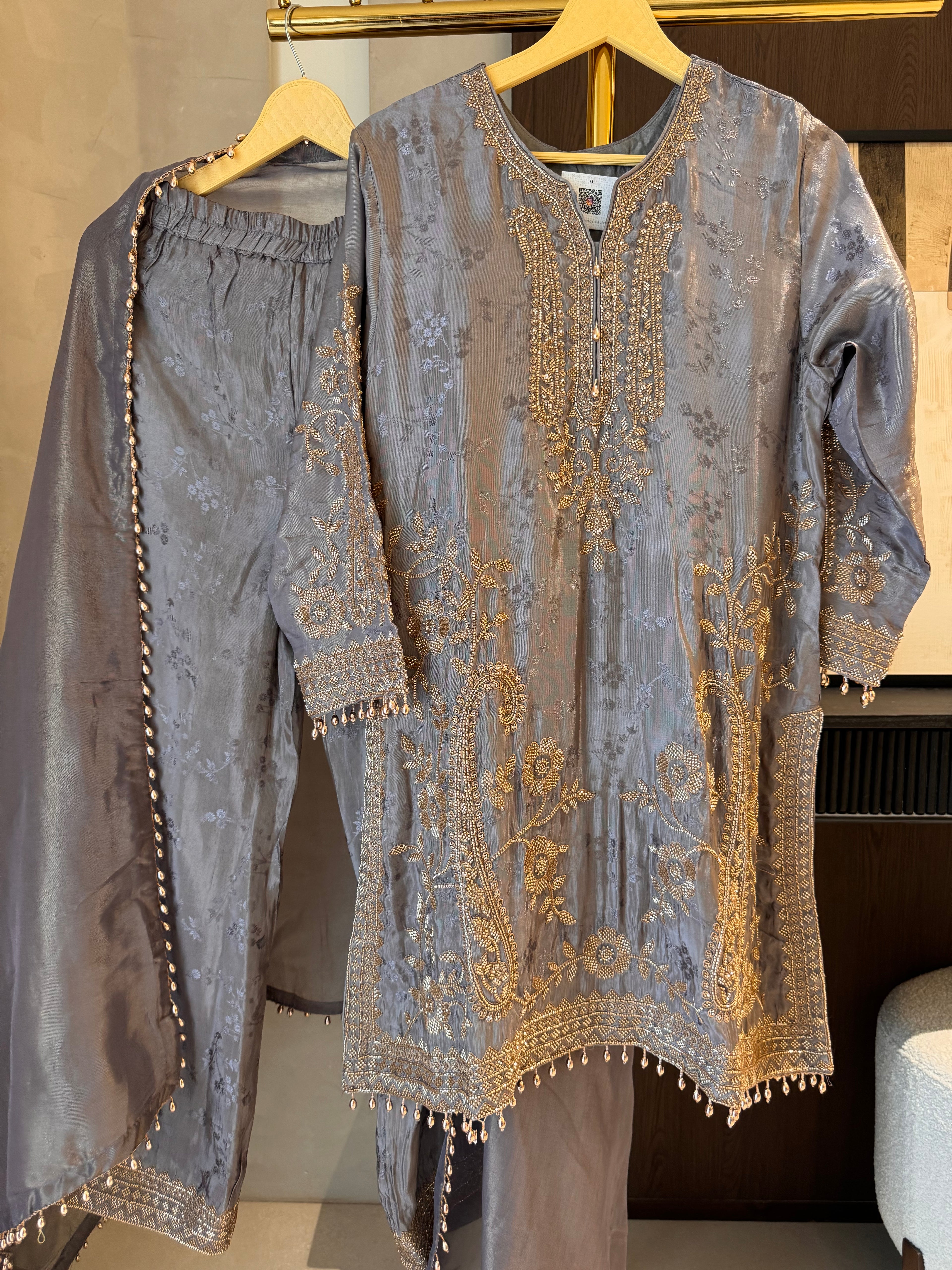 The Aura Muse — Silk Self-Embossed Suit with Organza Dupatta- grey- front