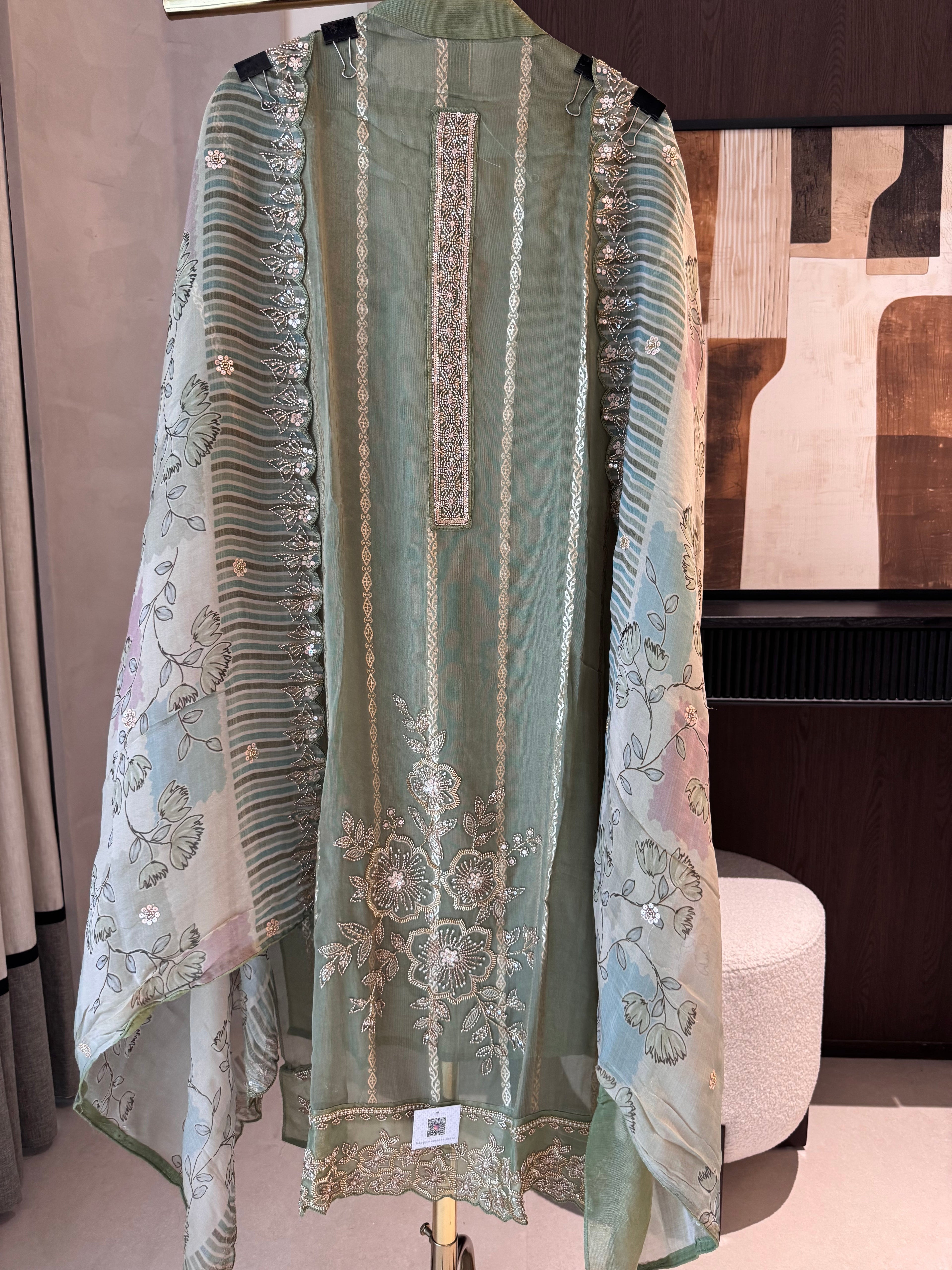 Sanjhi — Shimmer Tissue Suit with Digital Print Organza Dupatta-pista-front