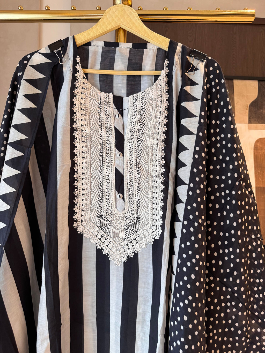The Cassia Muse — Striped Muslin Suit with Dori Work-black-close up