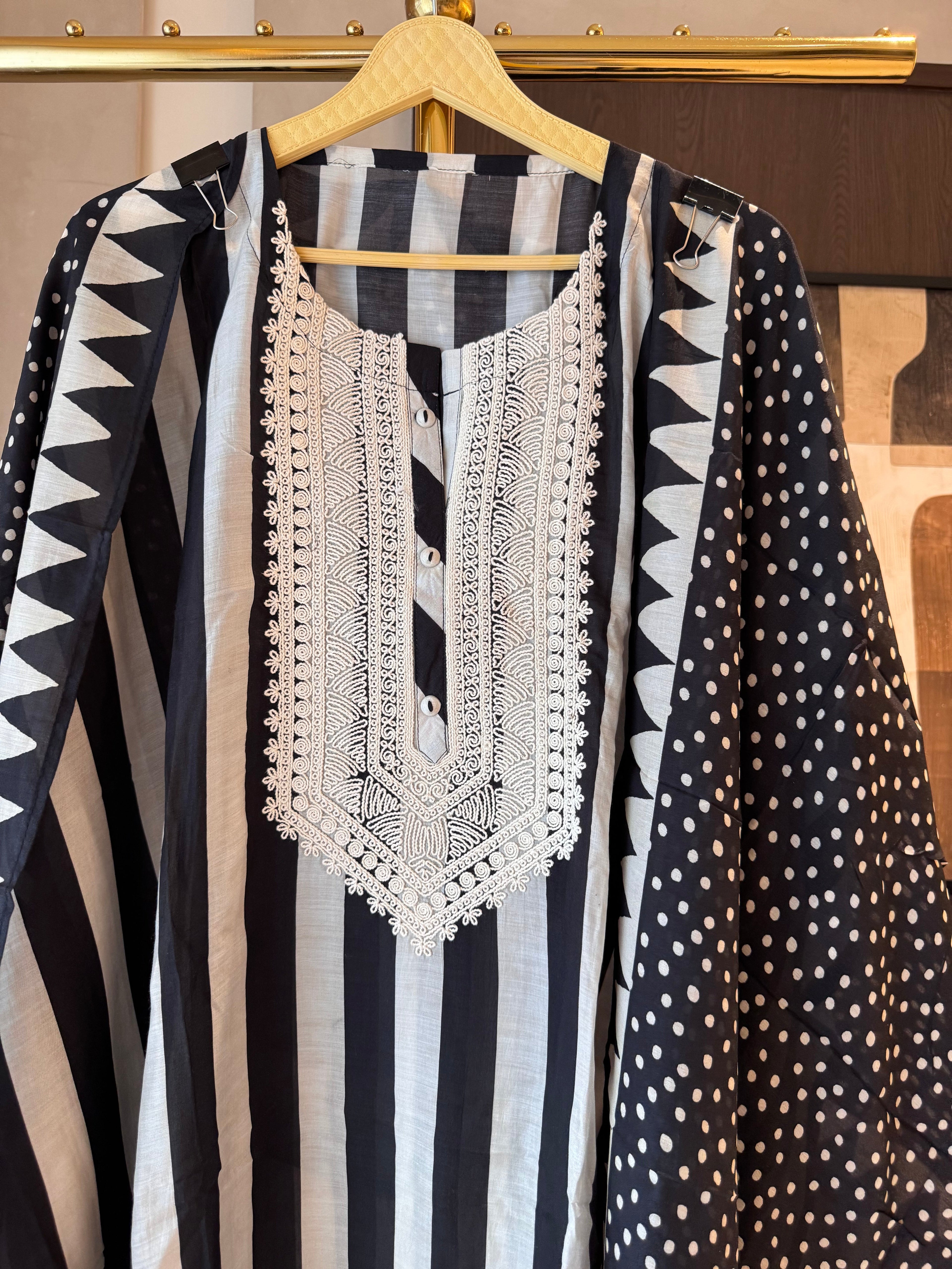 The Cassia Muse — Striped Muslin Suit with Dori Work-black-close up