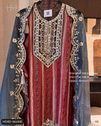 The Noor Aura — Shimmer Silk Suit with Gotta & Mirror Work-maroon-front close up