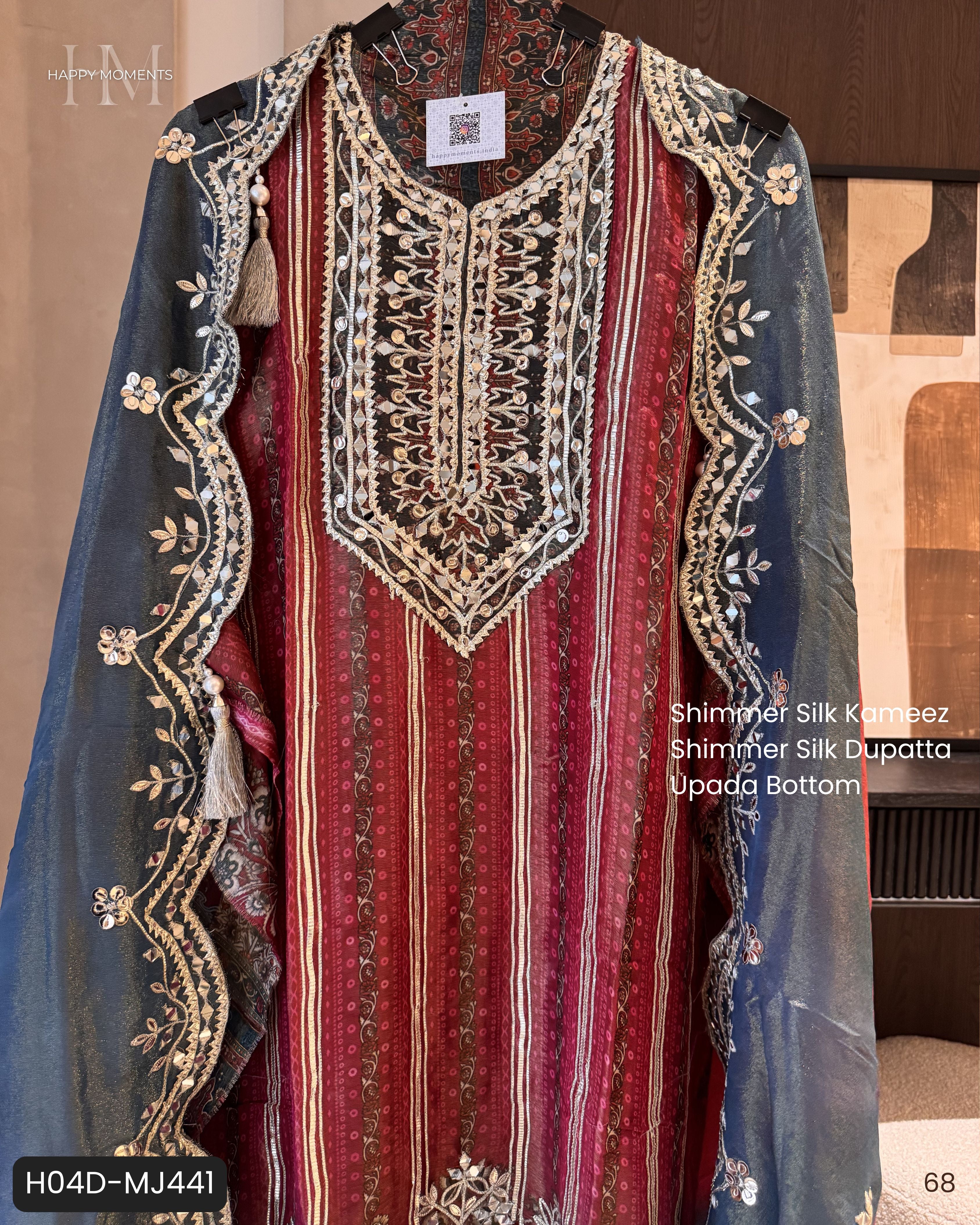 The Noor Aura — Shimmer Silk Suit with Gotta & Mirror Work-maroon-front close up