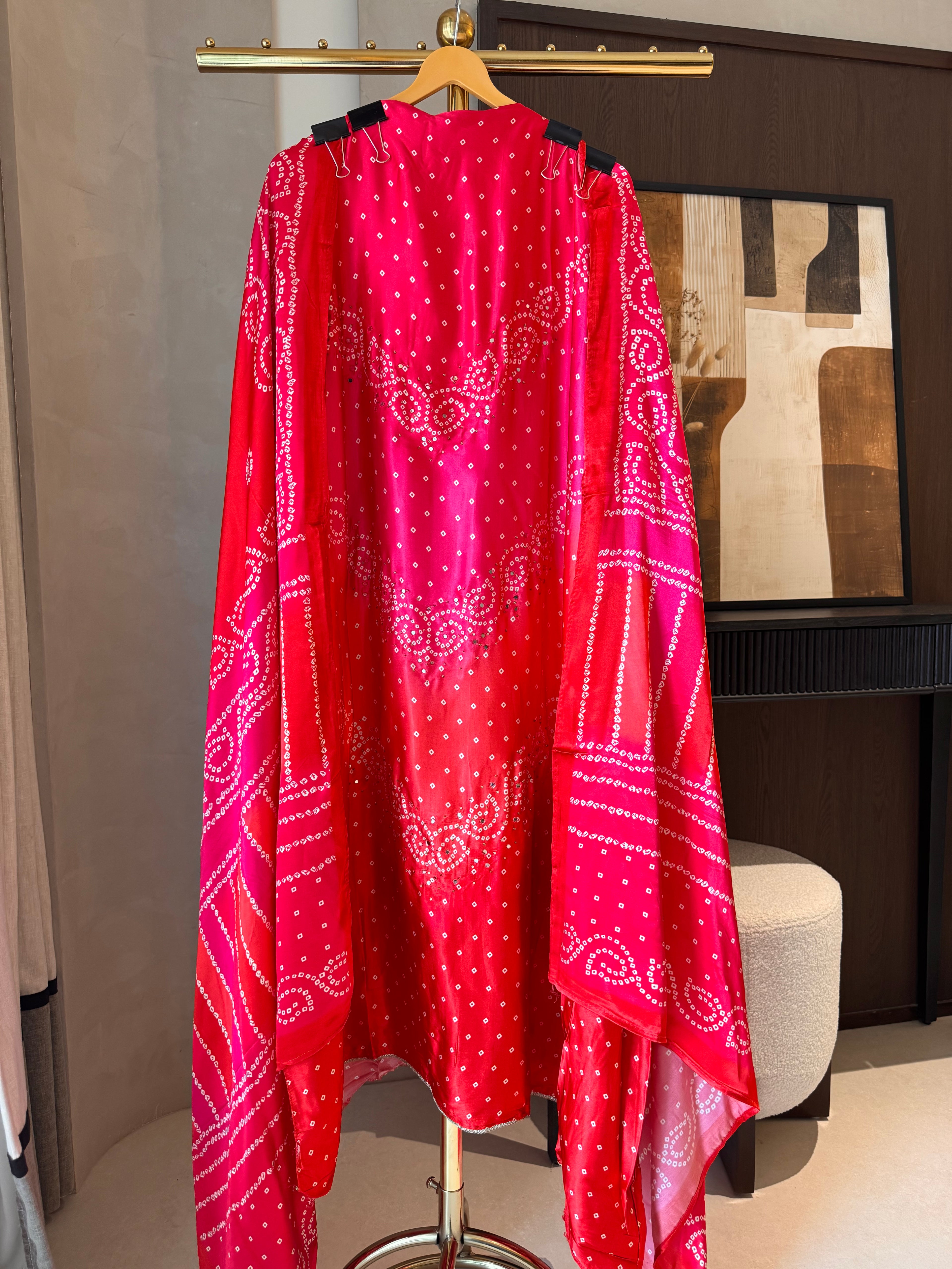 The Rang Bandhej — Gaji Silk Suit with Mirror Work Pink to red front 