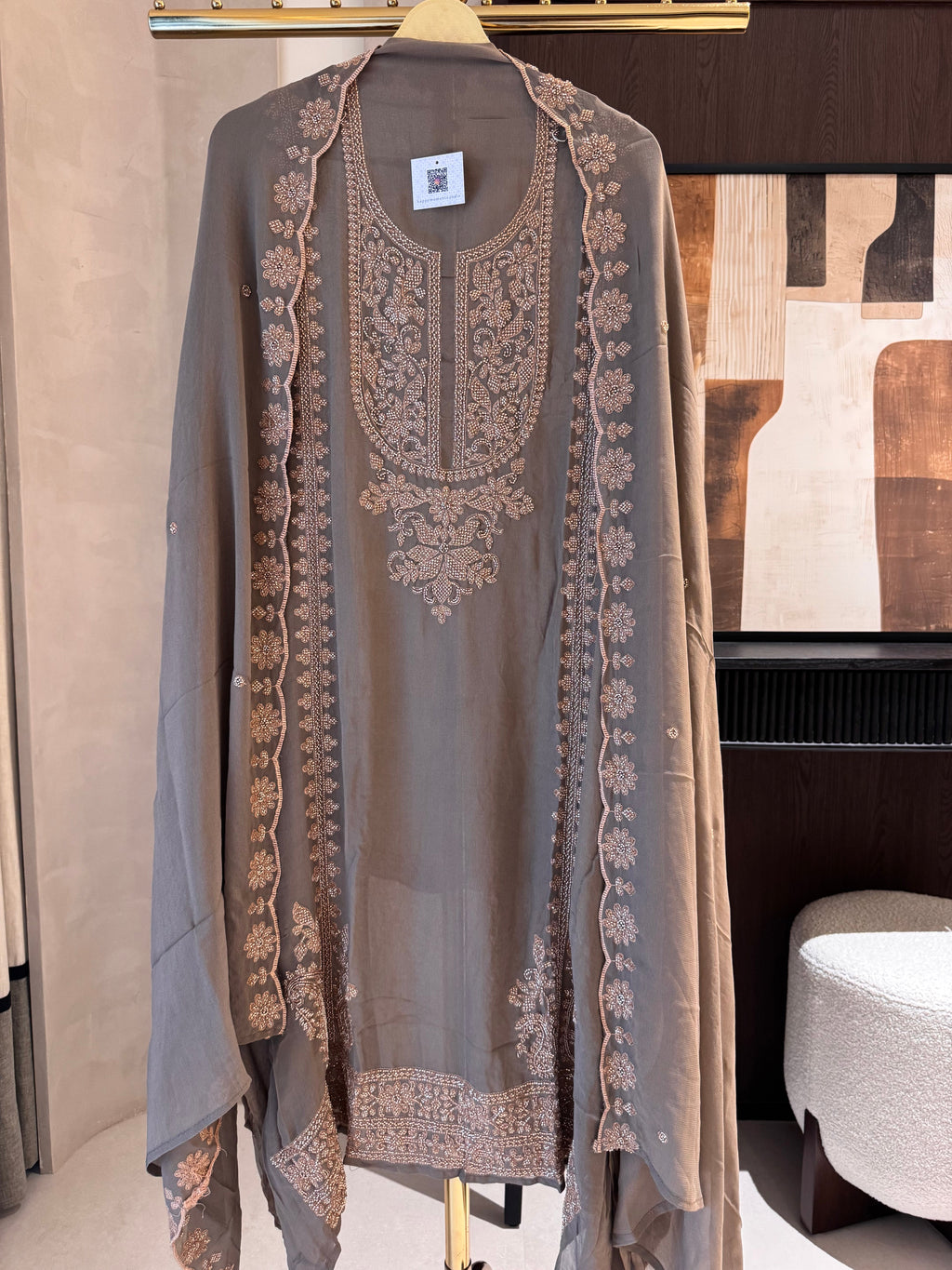 The Wren Bloom — Beadwork Embroidered Georgette Suit-ivory-front