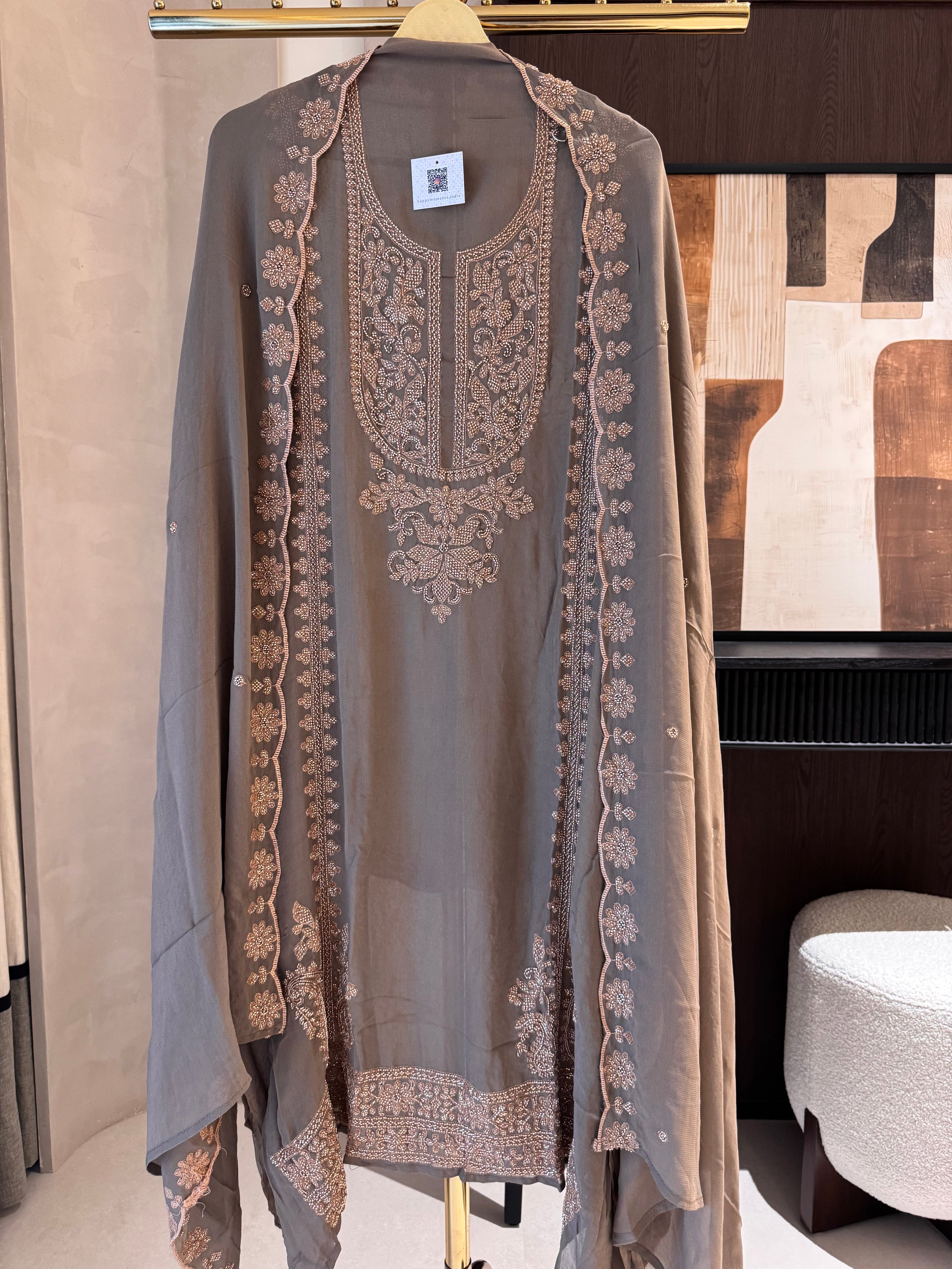 The Wren Bloom — Beadwork Embroidered Georgette Suit-ivory-front