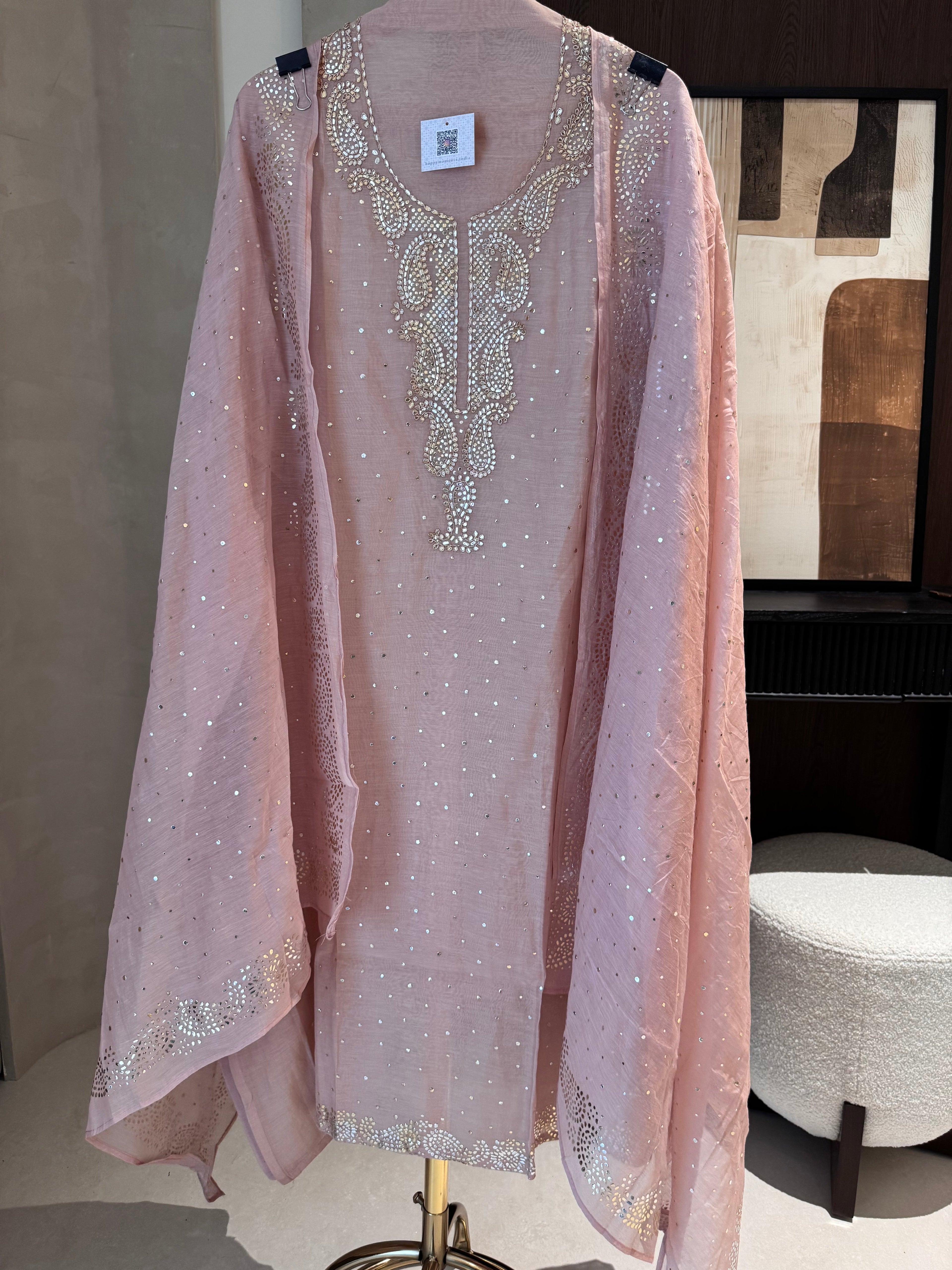 The Sanjh Bloom — Mul Suit with Mukesh & Zardozi Work-pink-front