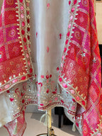 The Rang Aura — Shimmer Silk Suit with Bandhani Banarasi Dupatta-green-close up