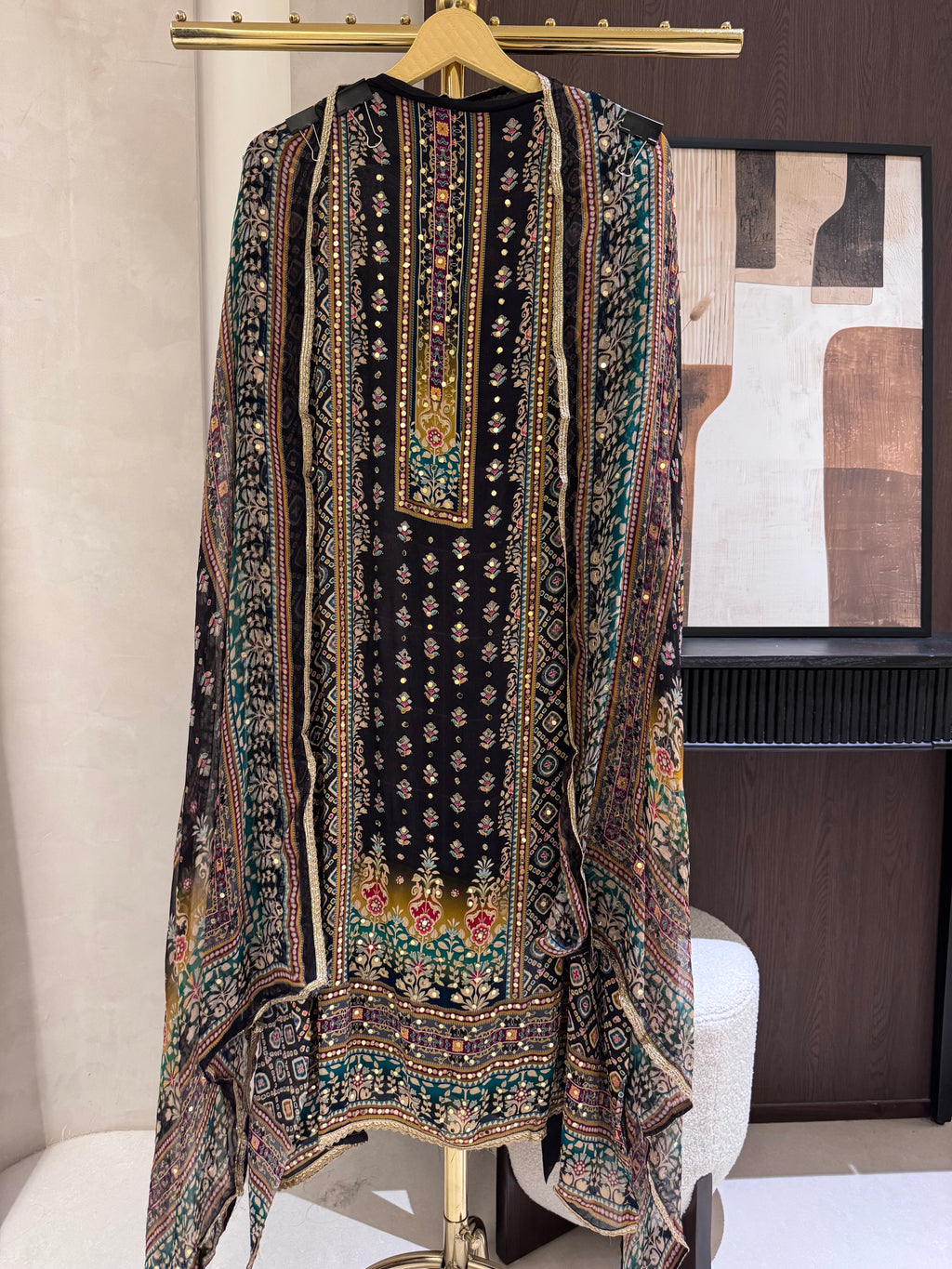 The Hailey Bloom — Chinnon Digital Print Suit with Mirror Work-charcoal black-front