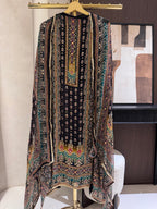 The Hailey Bloom — Chinnon Digital Print Suit with Mirror Work-charcoal black-front