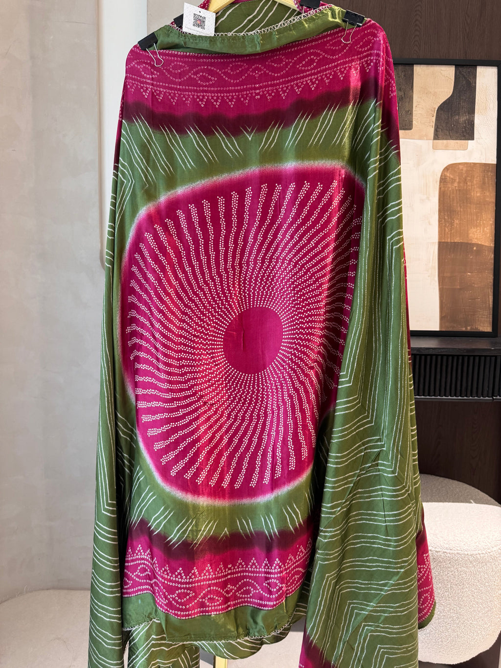 The Meera Muse — Bandhani Gaji Silk Suit with Mirror Work-olive green-close up
