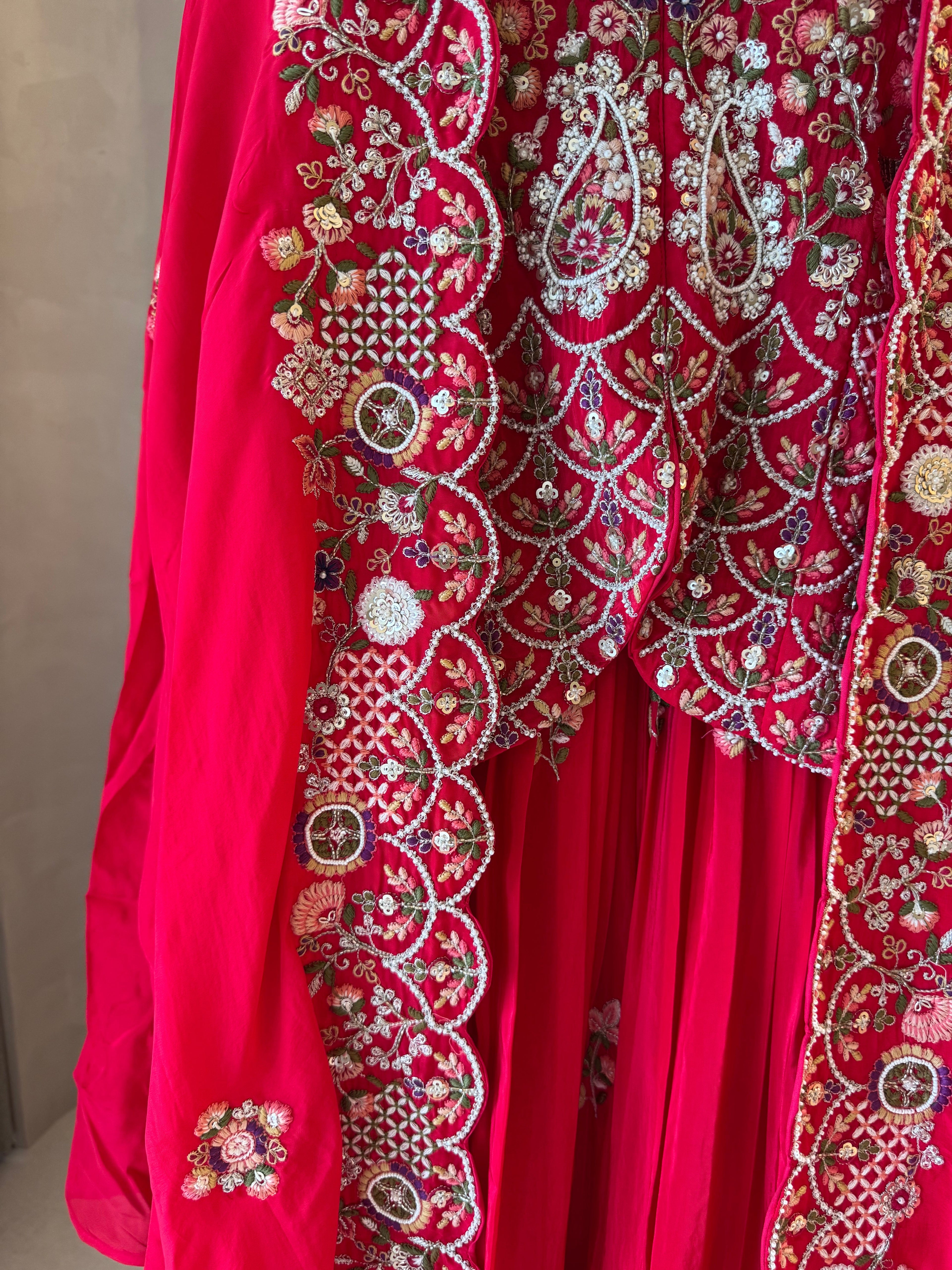 The Seraphine Bloom — Indowestern Cape Set with Zardosi Embroidery-rust-close up