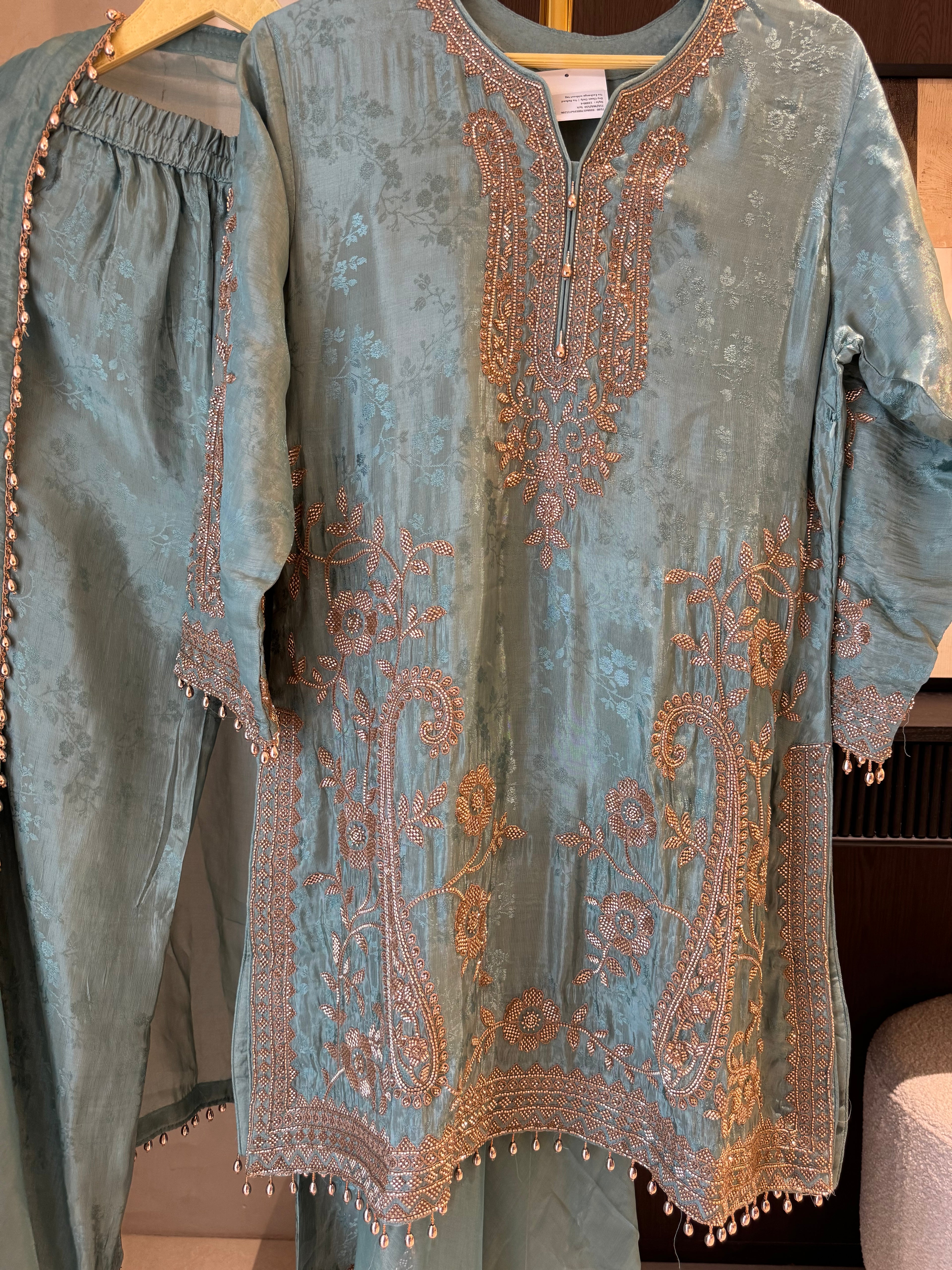 The Aura Muse — Silk Self-Embossed Suit with Organza Dupatta-aqua-close up