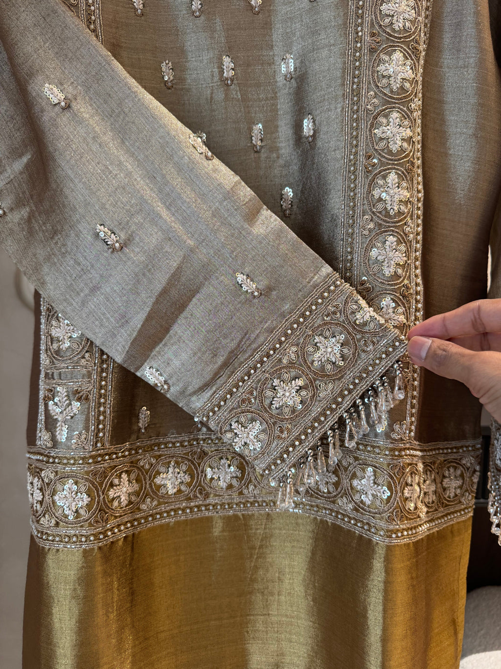 The Gilded Muse — Shimmer Tissue Top & Pant Set with Zardosi-golden camel-back