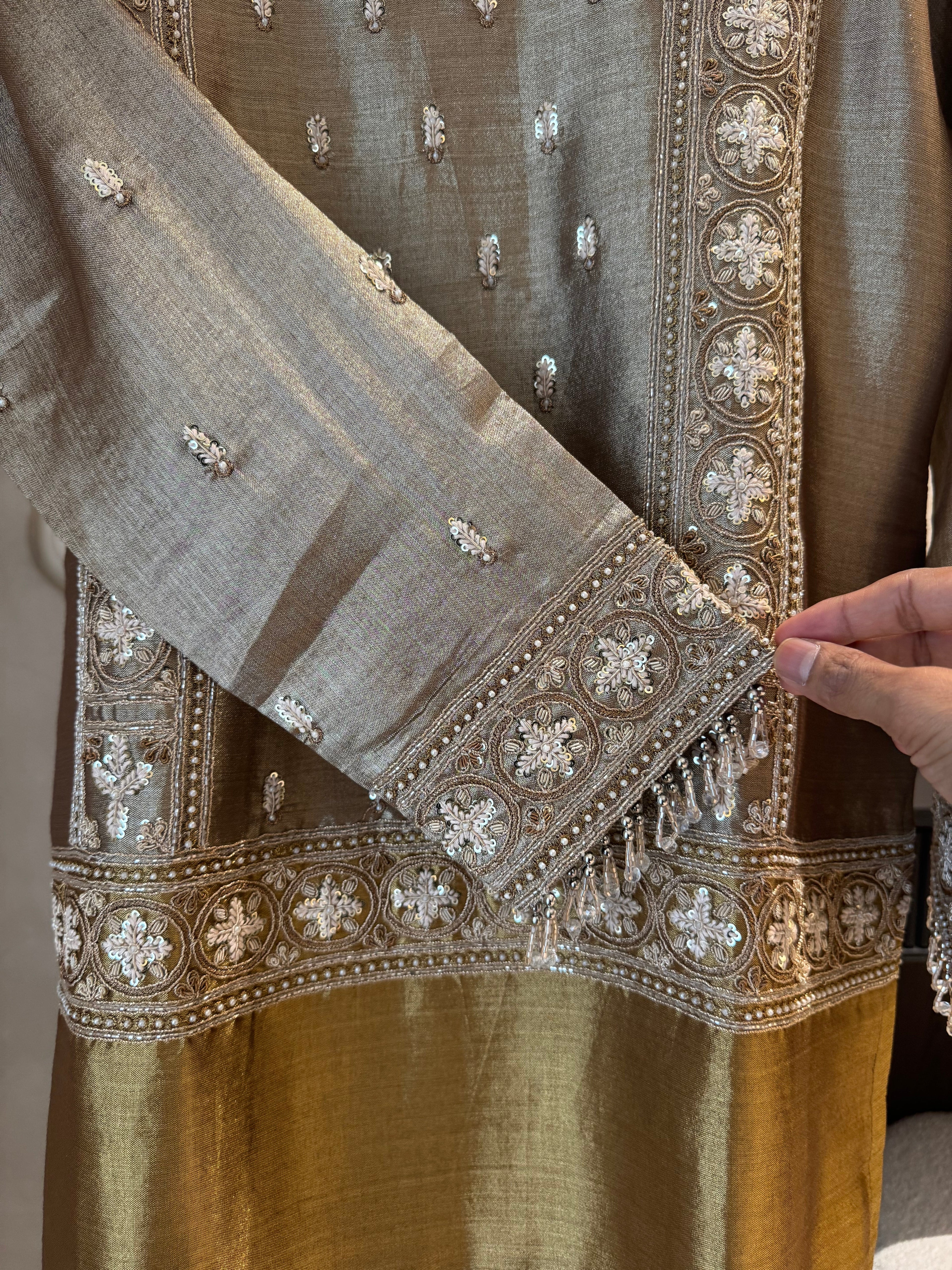 The Gilded Muse — Shimmer Tissue Top & Pant Set with Zardosi-golden camel-back