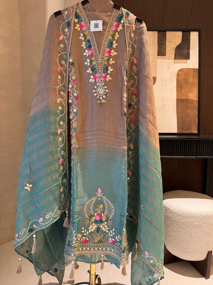 Shimmer Tissue Unstitched Suit Set with Mirror, Gota & Wool Work