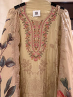 The Garden Scroll — Glass Organza Suit with Digital Print Dupatta-golden beige-front-close up