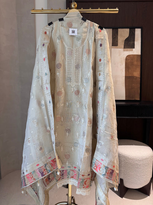 Cartier — Shimmer Tissue Suit with Banarasi Weaving & Beadwork-ivory-front