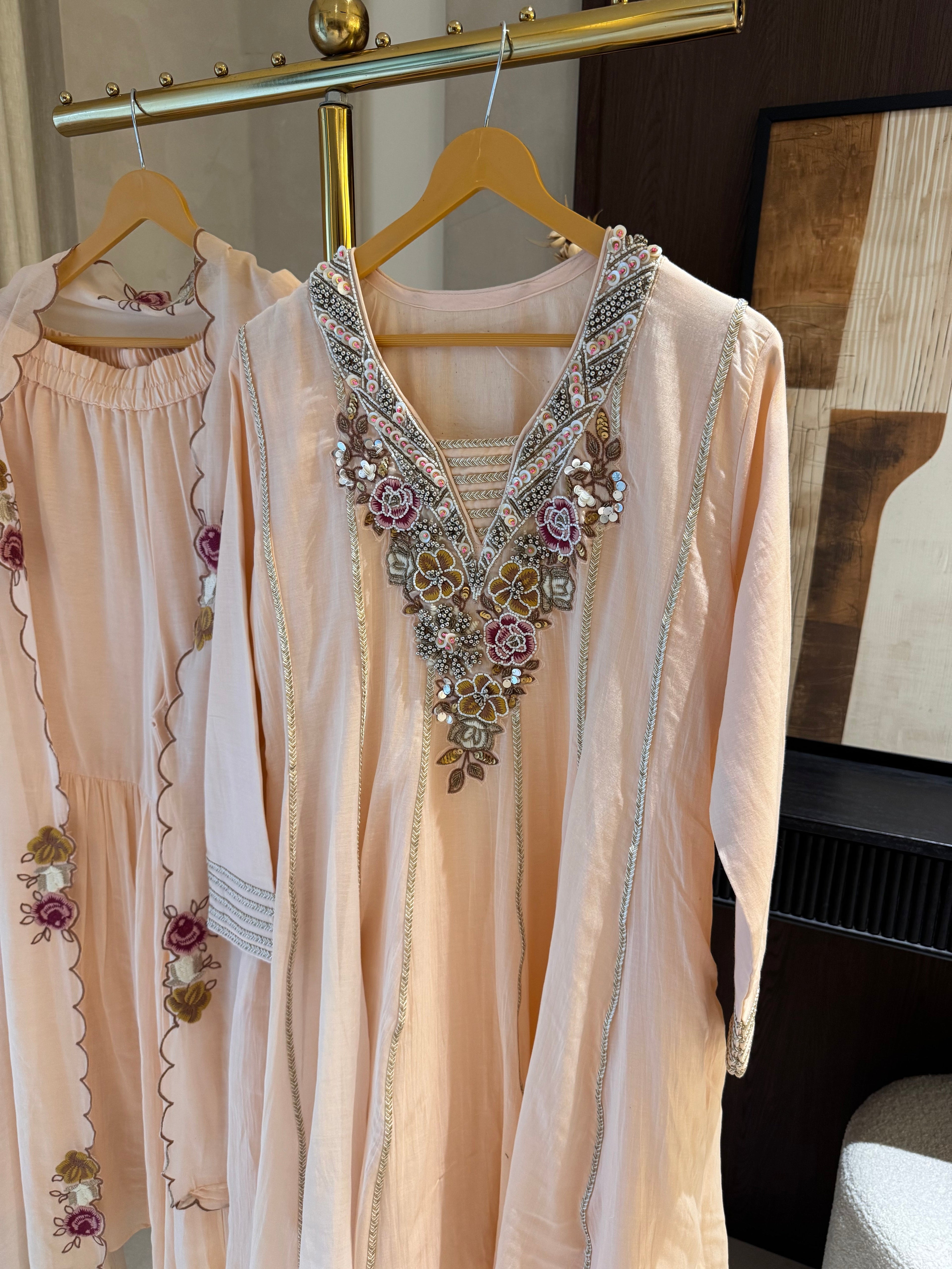 The Rosalie Bloom — Mul Peplum Kameez with Gharara-peach-front