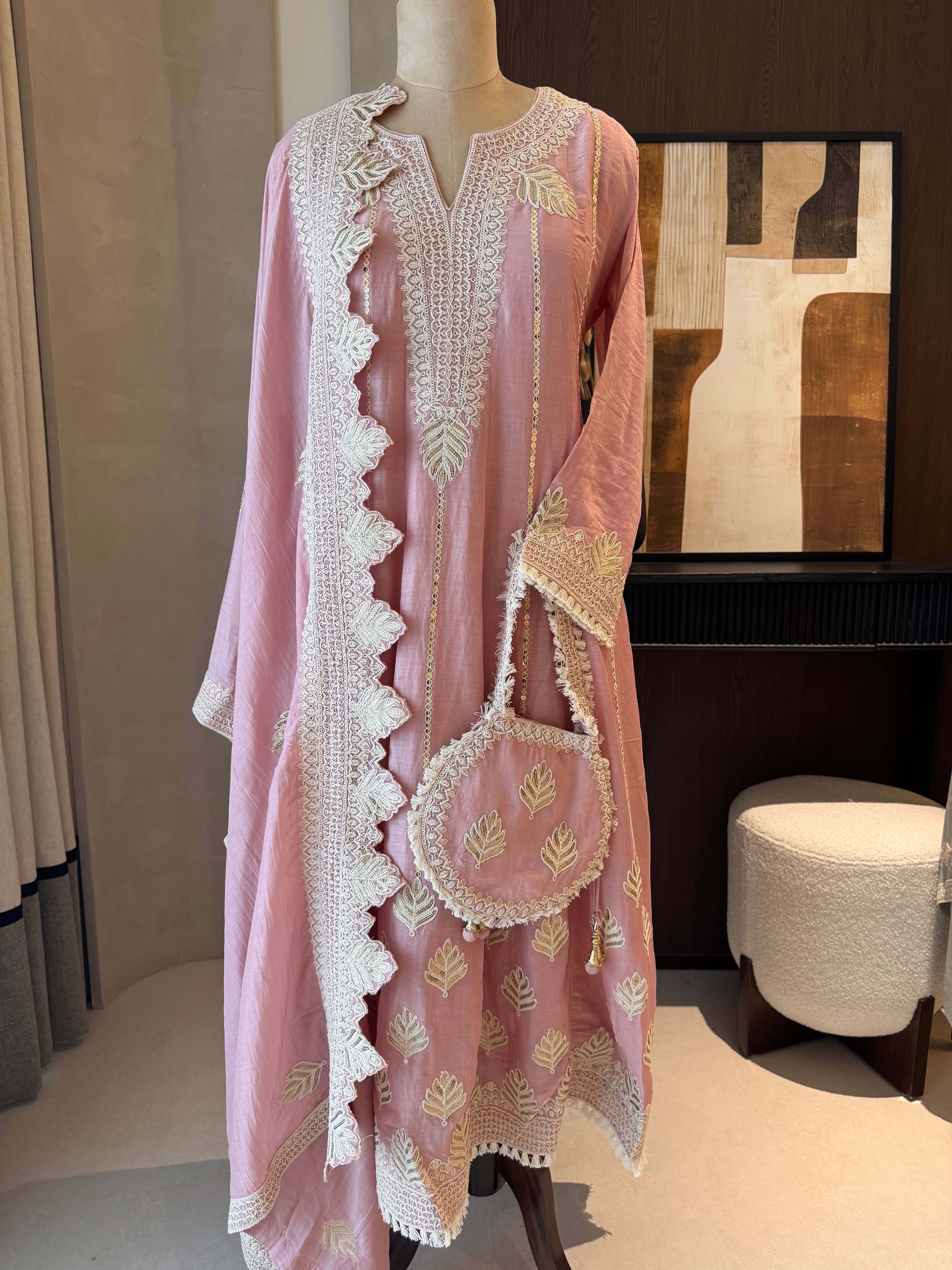The Ivy Bloom — Mal Anarkali Set with Cutwork Dupatta & Potli-pink-front