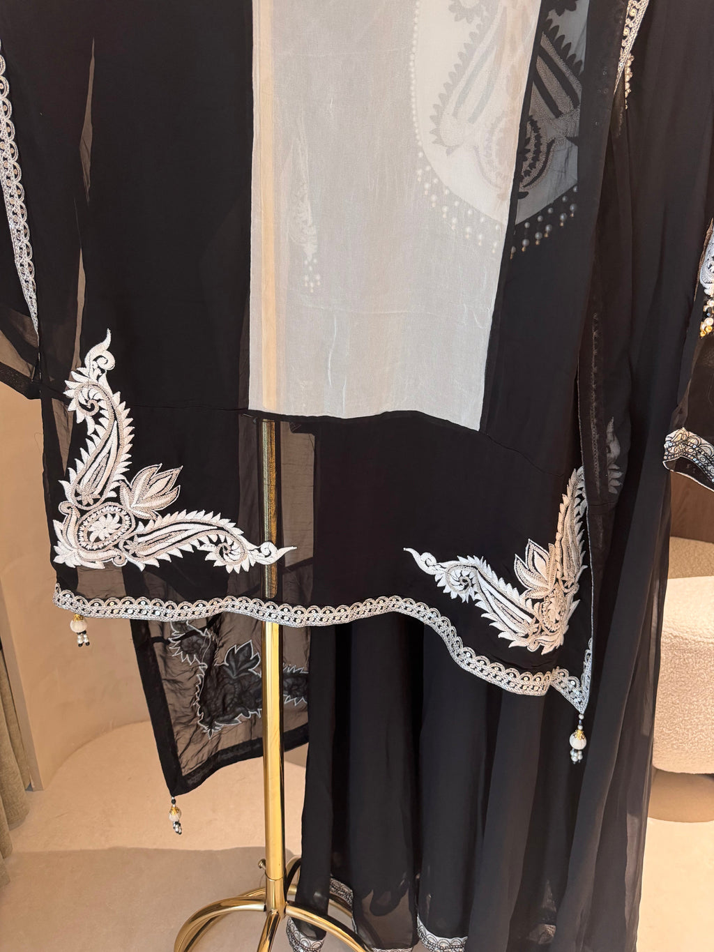 The Noir Rêverie — Color-Block Anarkali with Baroque Embroidery-white-dupatta