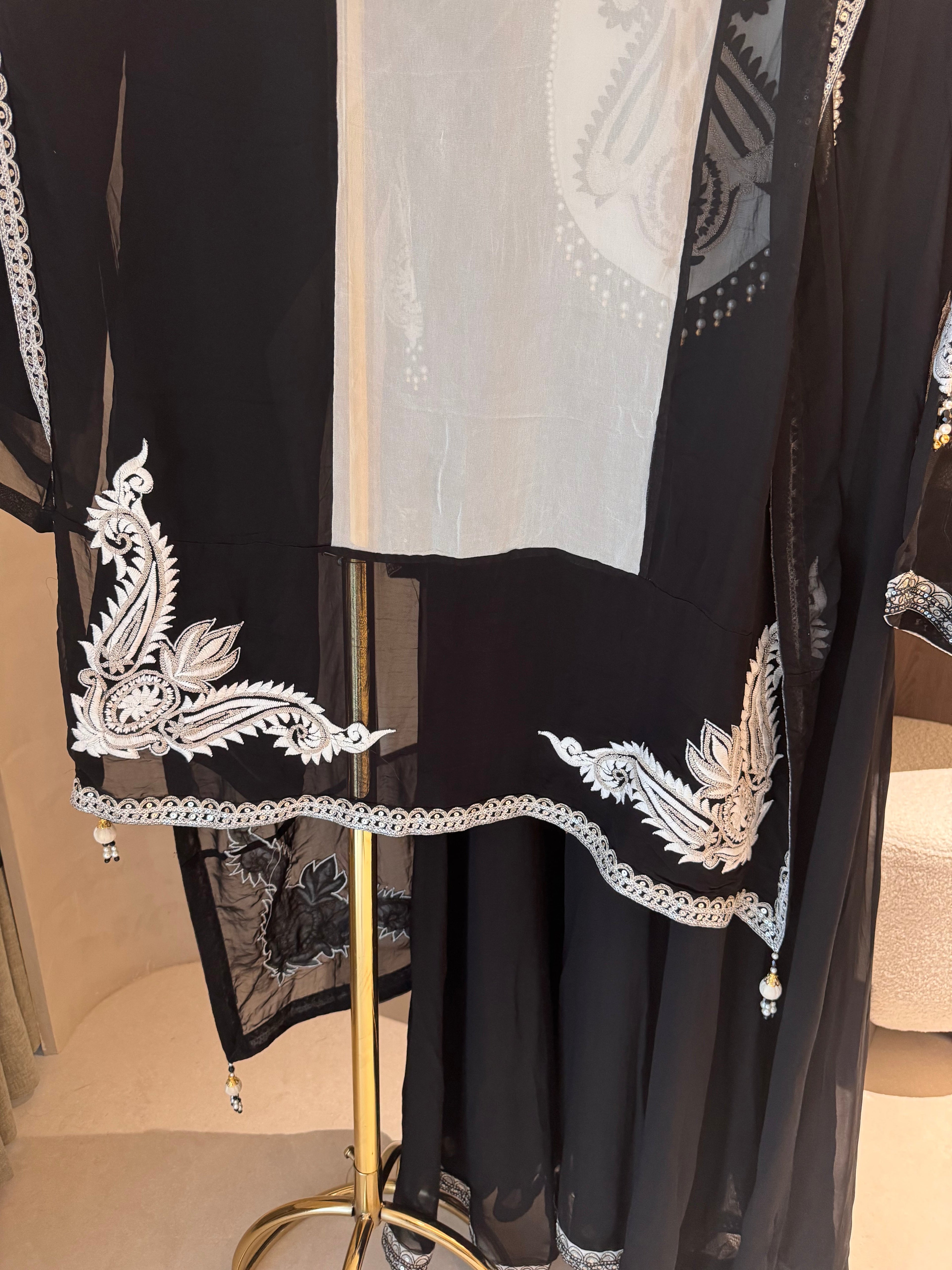 The Noir Rêverie — Color-Block Anarkali with Baroque Embroidery-white-dupatta