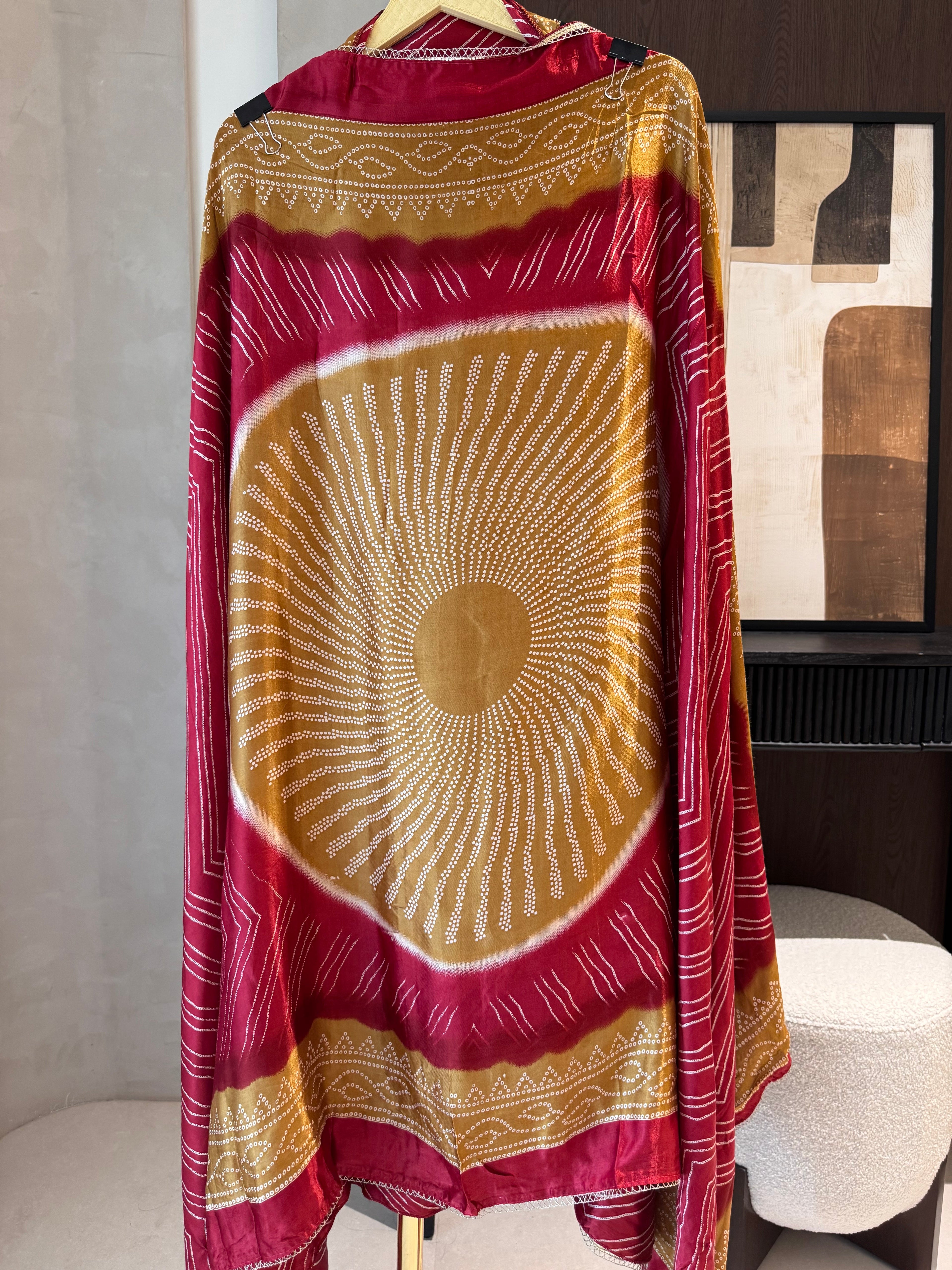 The Meera Muse — Bandhani Gaji Silk Suit with Mirror Work-maroon-close up