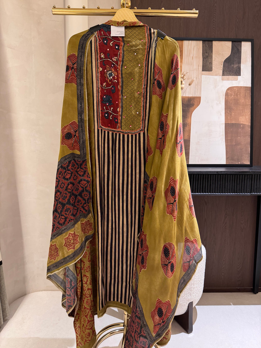 The Ajrakh Muse — Gaji Silk Digital Print Suit with Mirror Work-olive gold-front