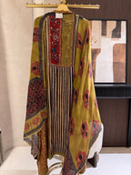 The Ajrakh Muse — Gaji Silk Digital Print Suit with Mirror Work-olive gold-front