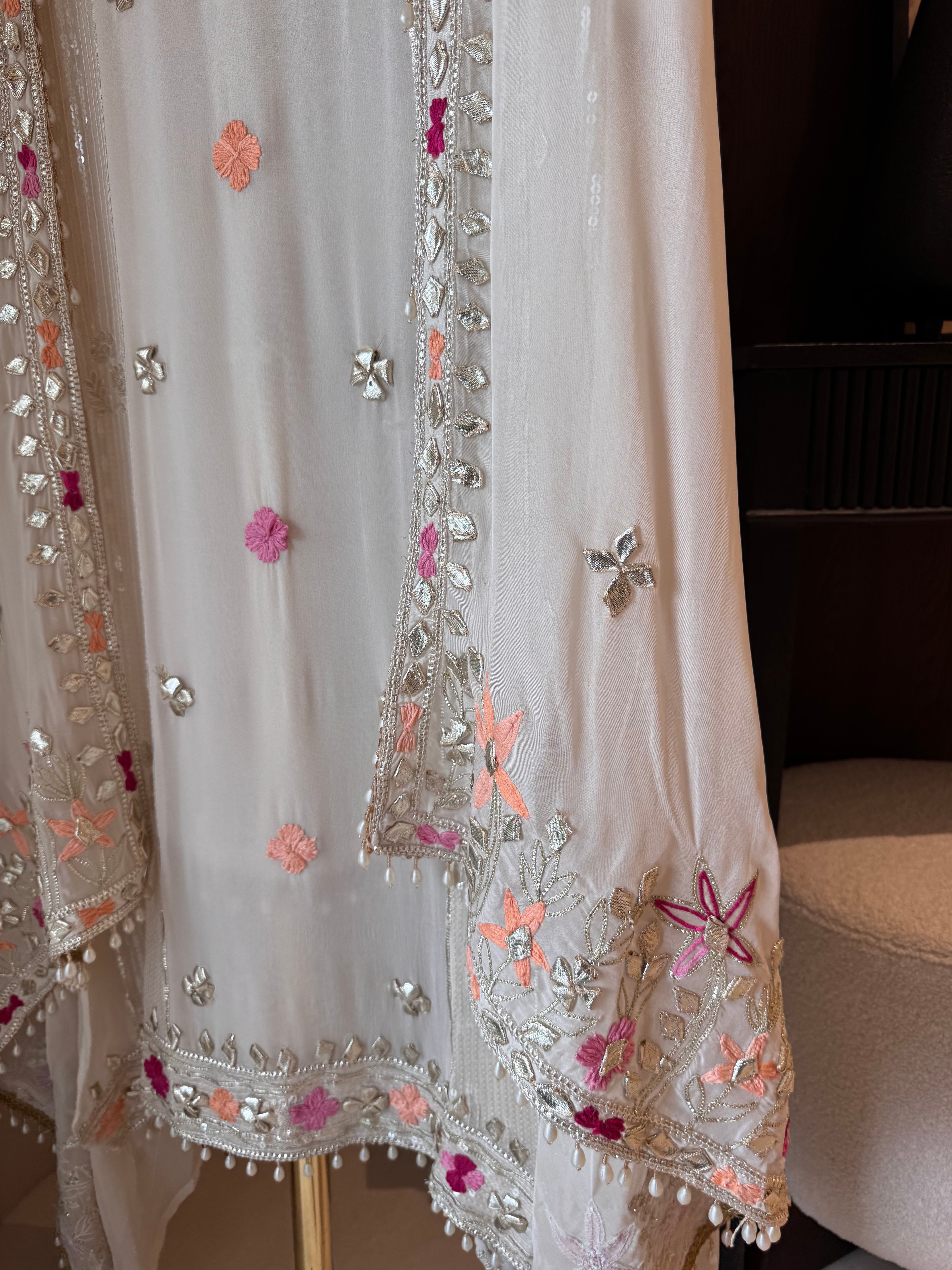 The Gilded Petals — Georgette Suit with Gota & Tassel Work-ivory closeup