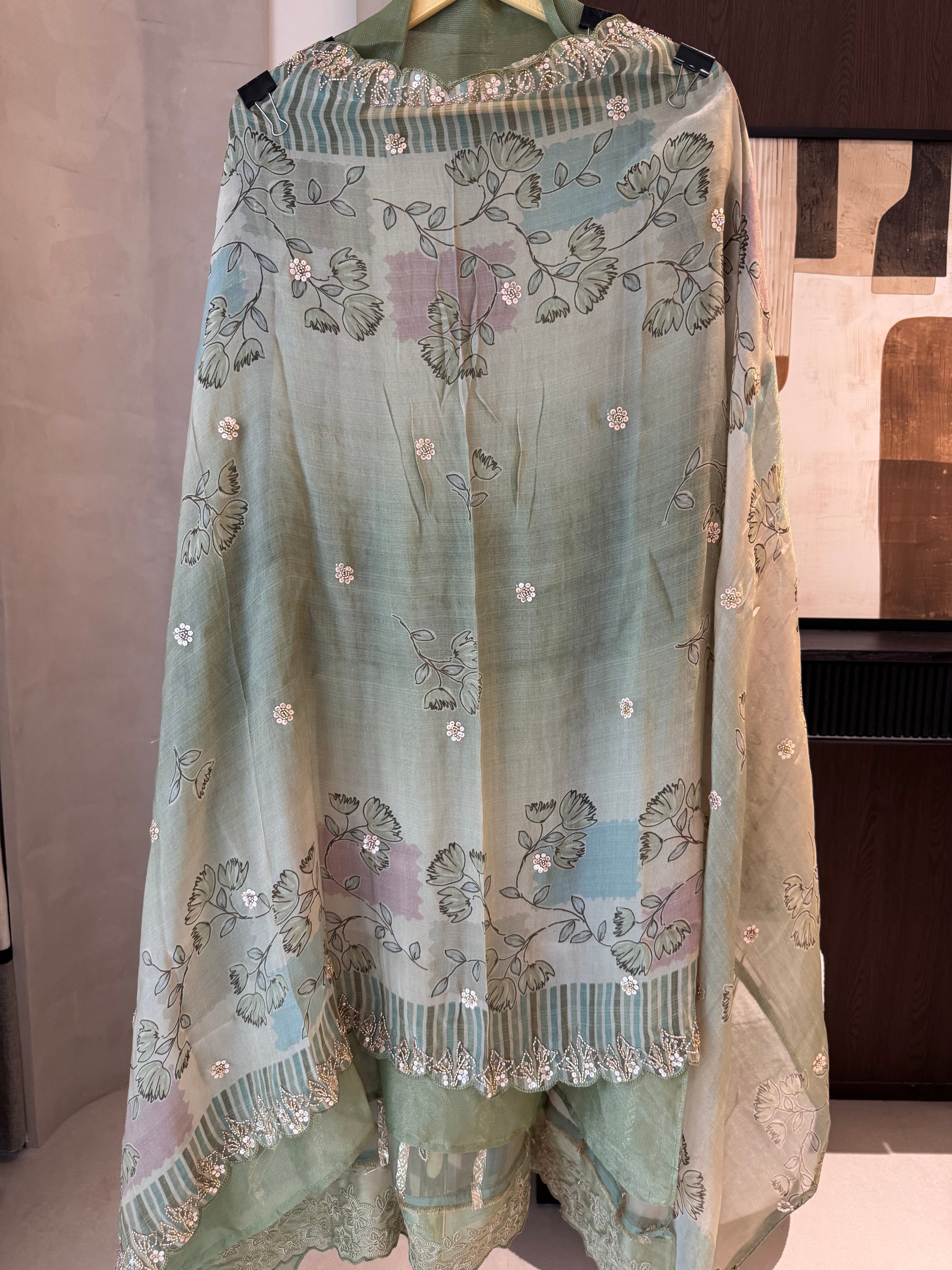 Sanjhi — Shimmer Tissue Suit with Digital Print Organza Dupatta-pista-close up