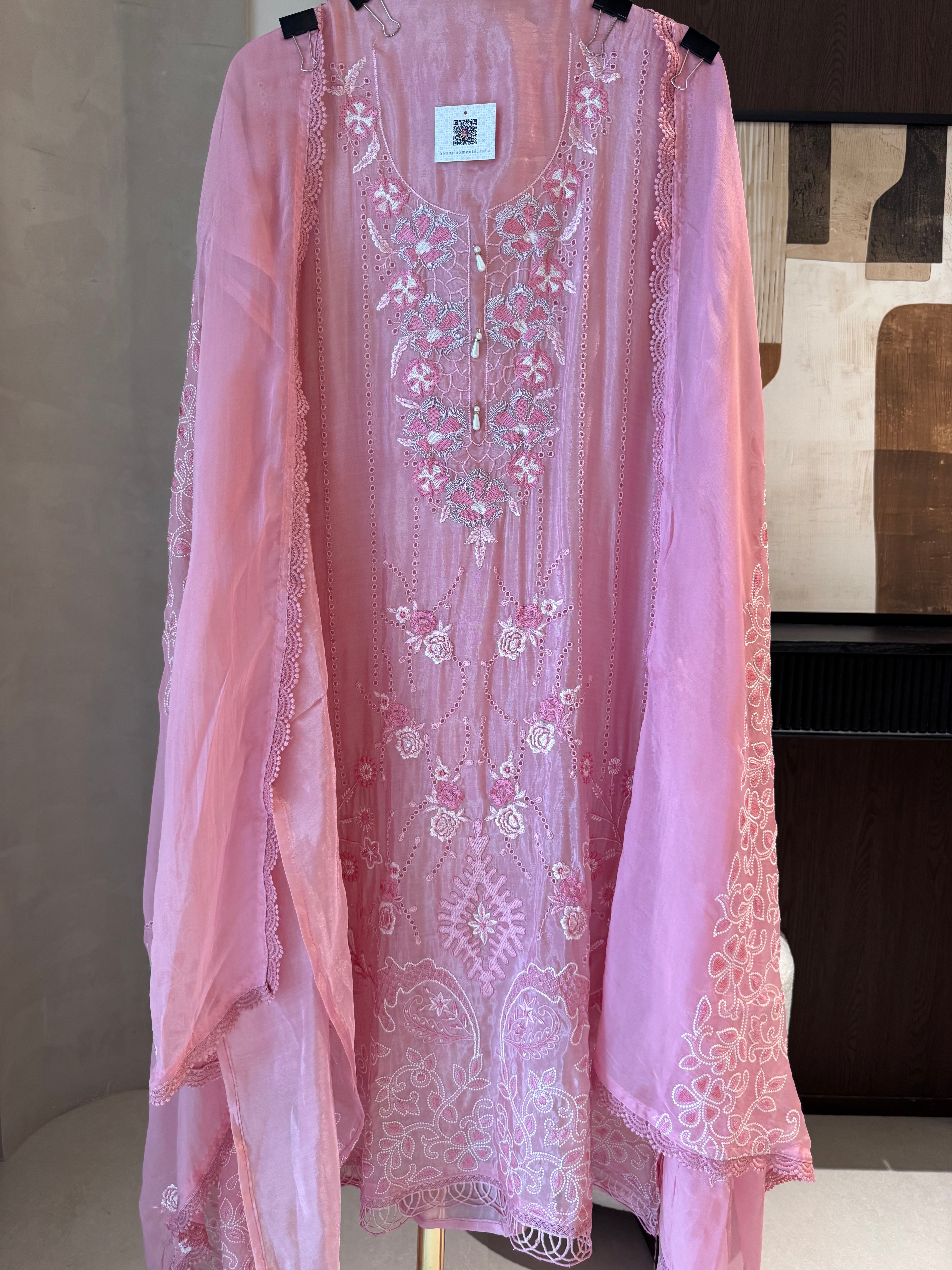 Meher — Glass Organza Suit with Thread Work & Dori Highlights-peach-front