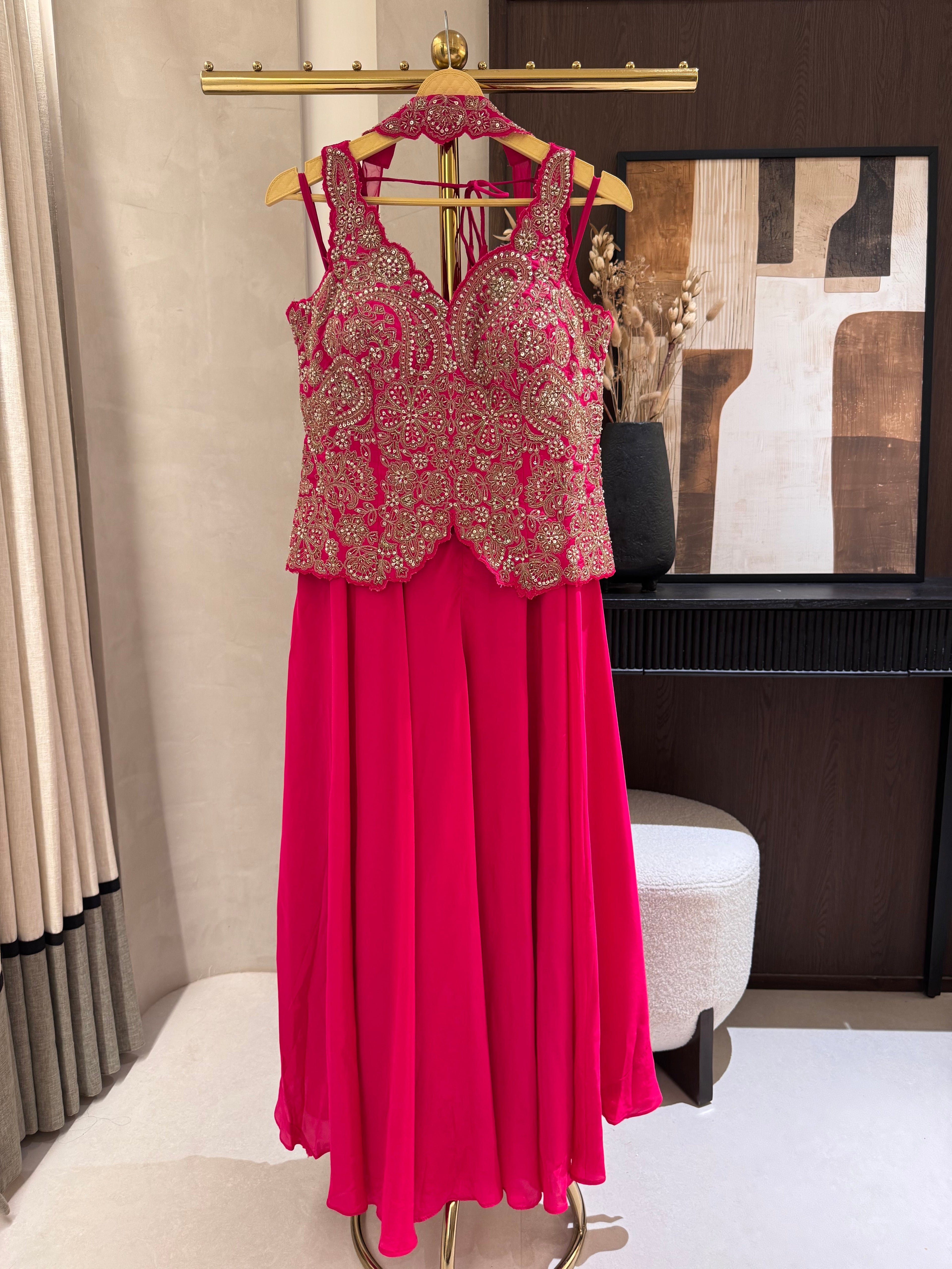 The Rani Bloom — Zardosi Crop Top & Palazzo Set-rani pink-front