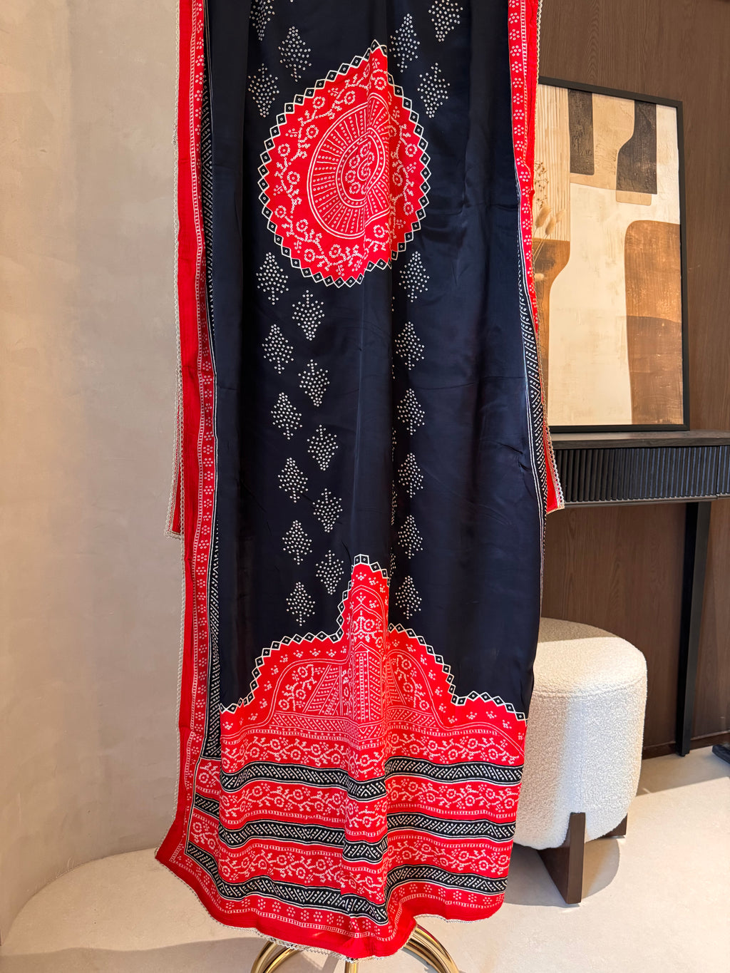 The Kaanch Bandhej — Gaji Silk Suit with Mirror Work-red black -dupatta 