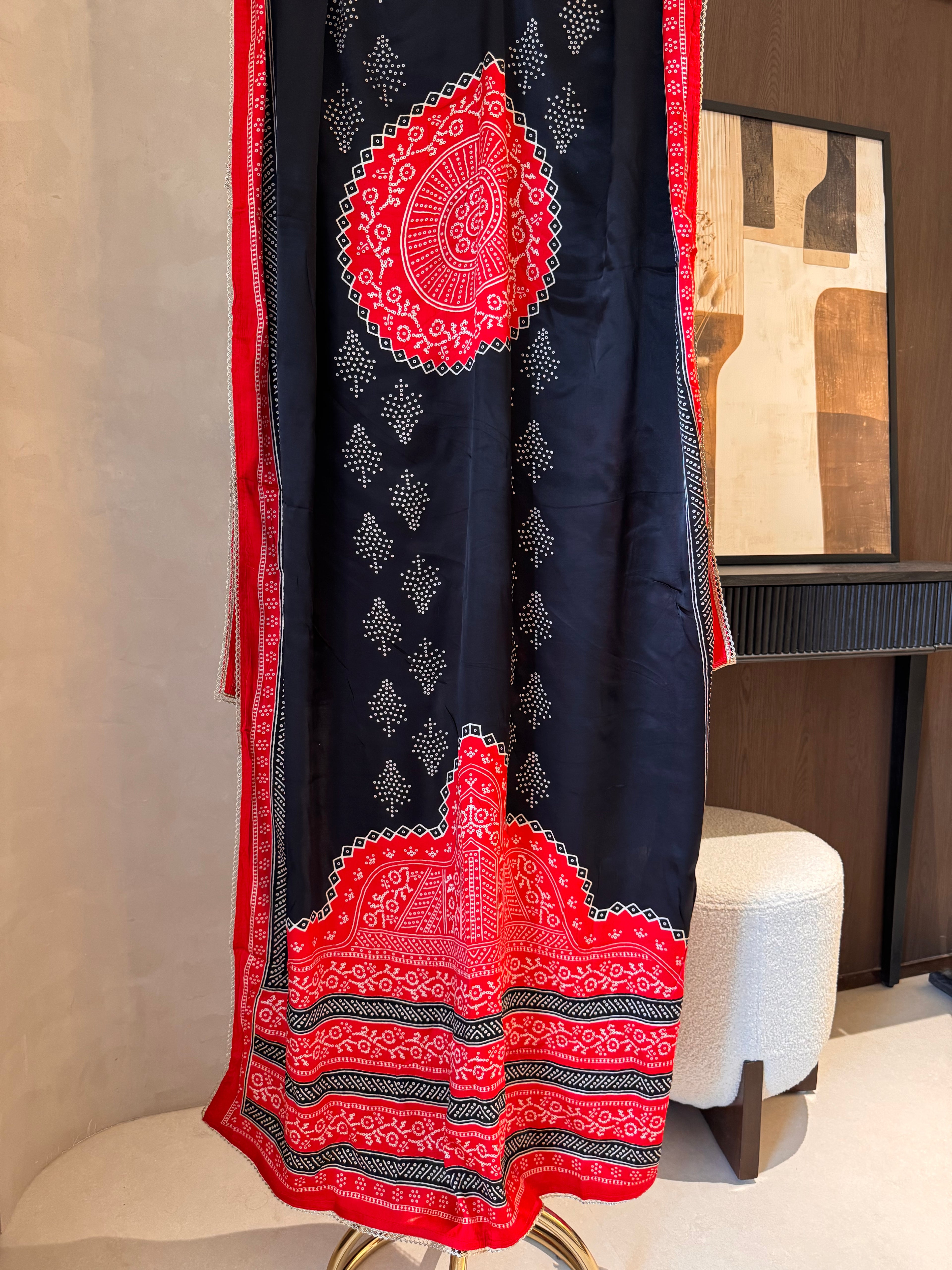 The Kaanch Bandhej — Gaji Silk Suit with Mirror Work-red black -dupatta 